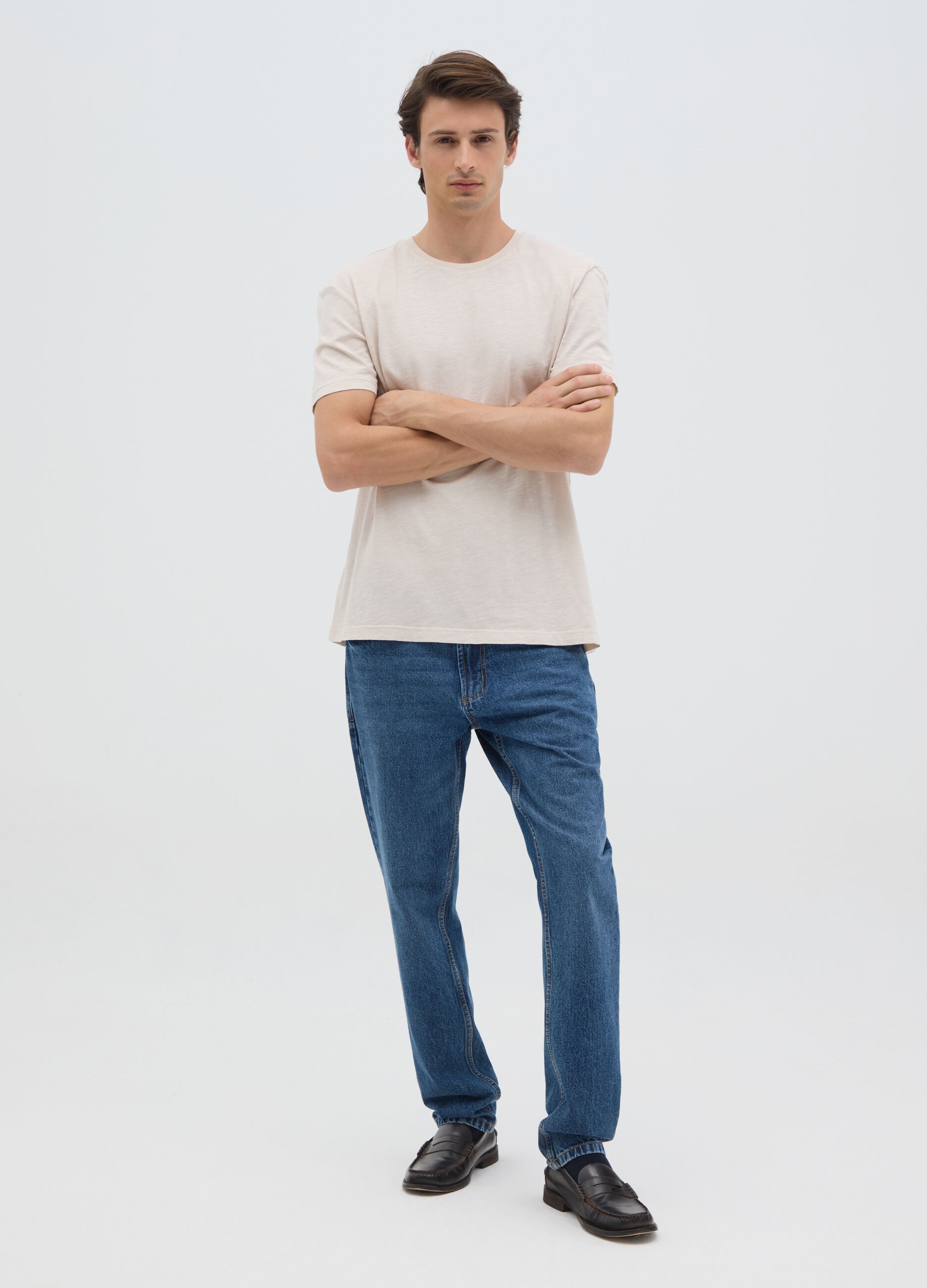 Men's beige pure cotton regular fit T-shirt