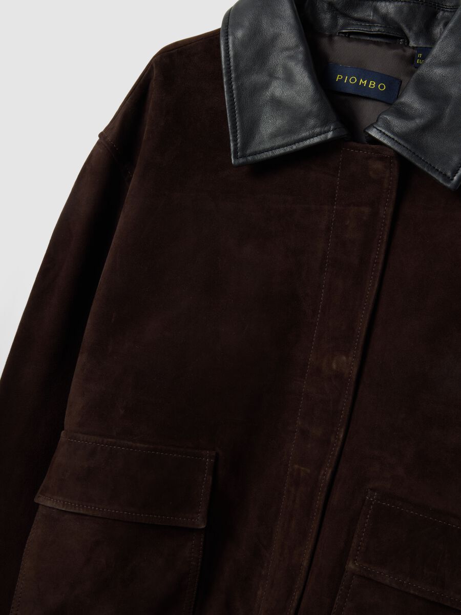 Brown regular fit genuine leather jacket with contrasting collar_1