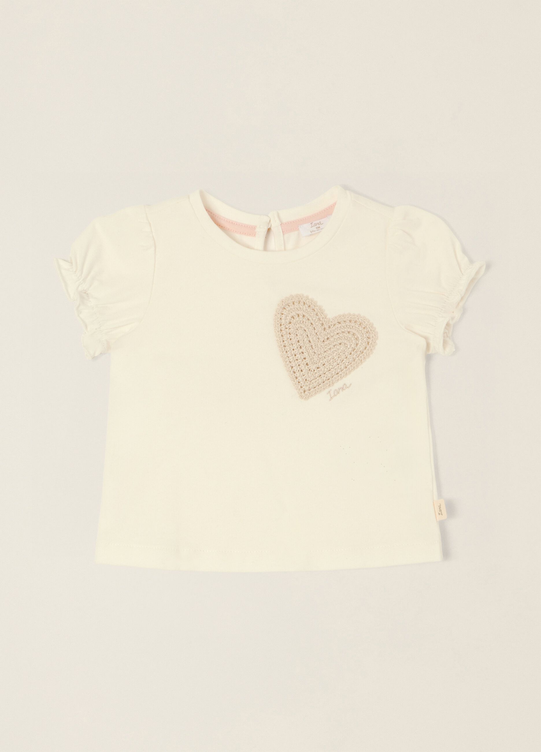 White baby girl stretch cotton T-shirt with heart detail, regular fit