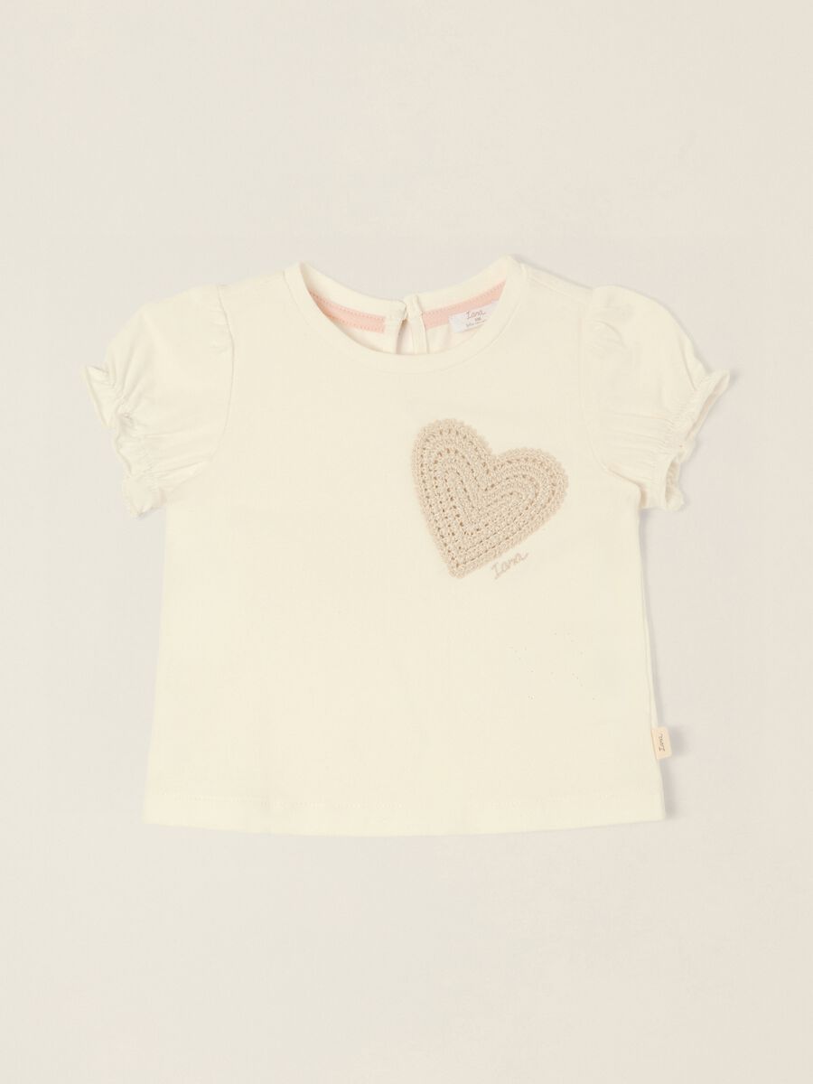 White baby girl stretch cotton T-shirt with heart detail, regular fit_0