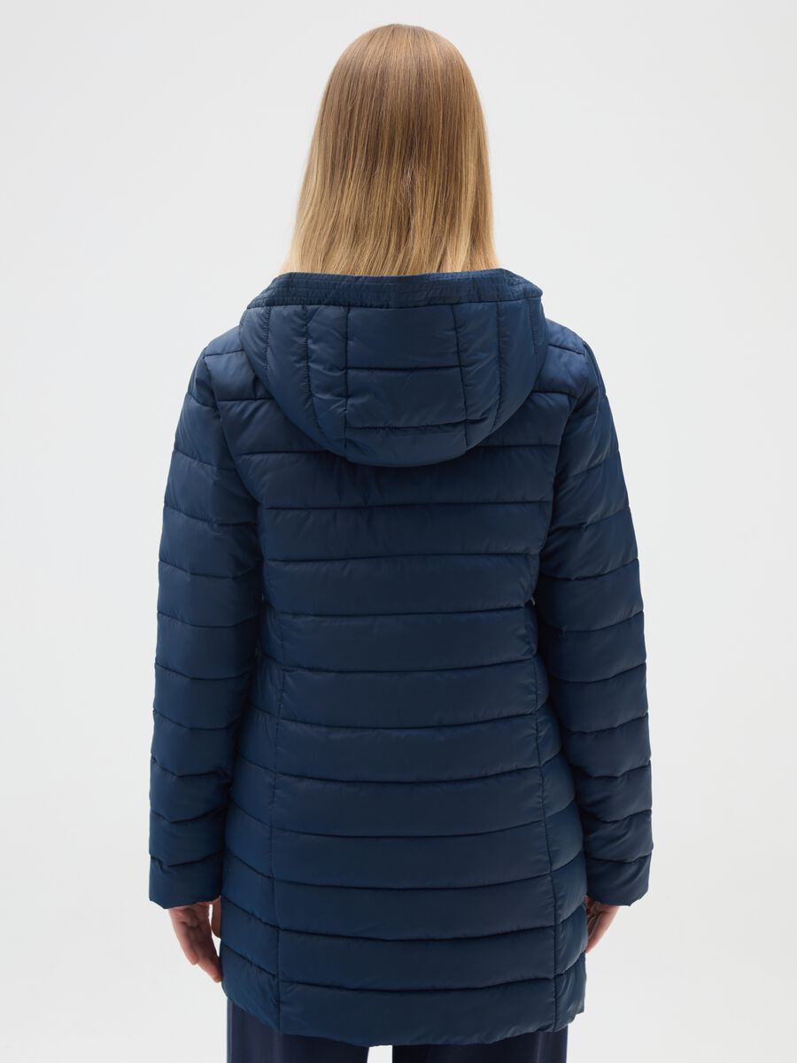 Long padded blue jacket with hood and zip_2