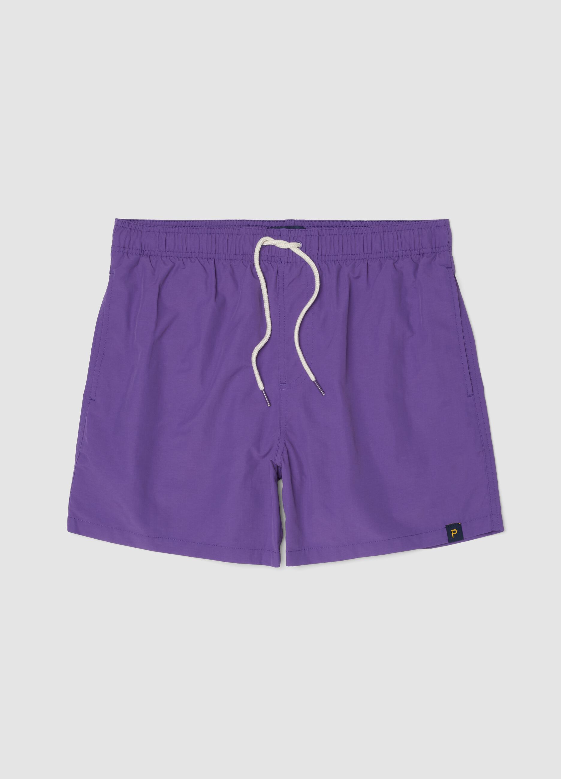 Purple swim shorts with elasticated waistband and drawstring