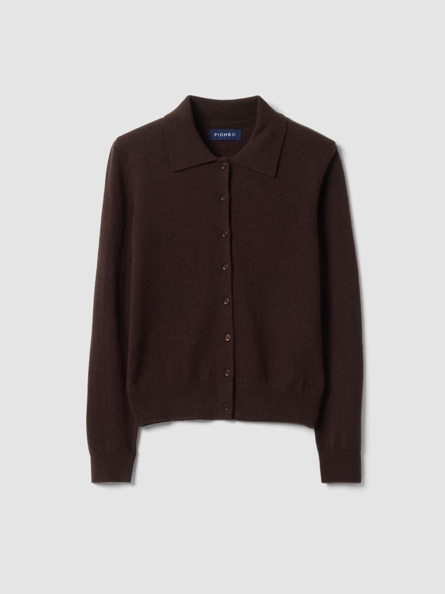 Brown pure wool cardigan with polo collar, regular fit_0