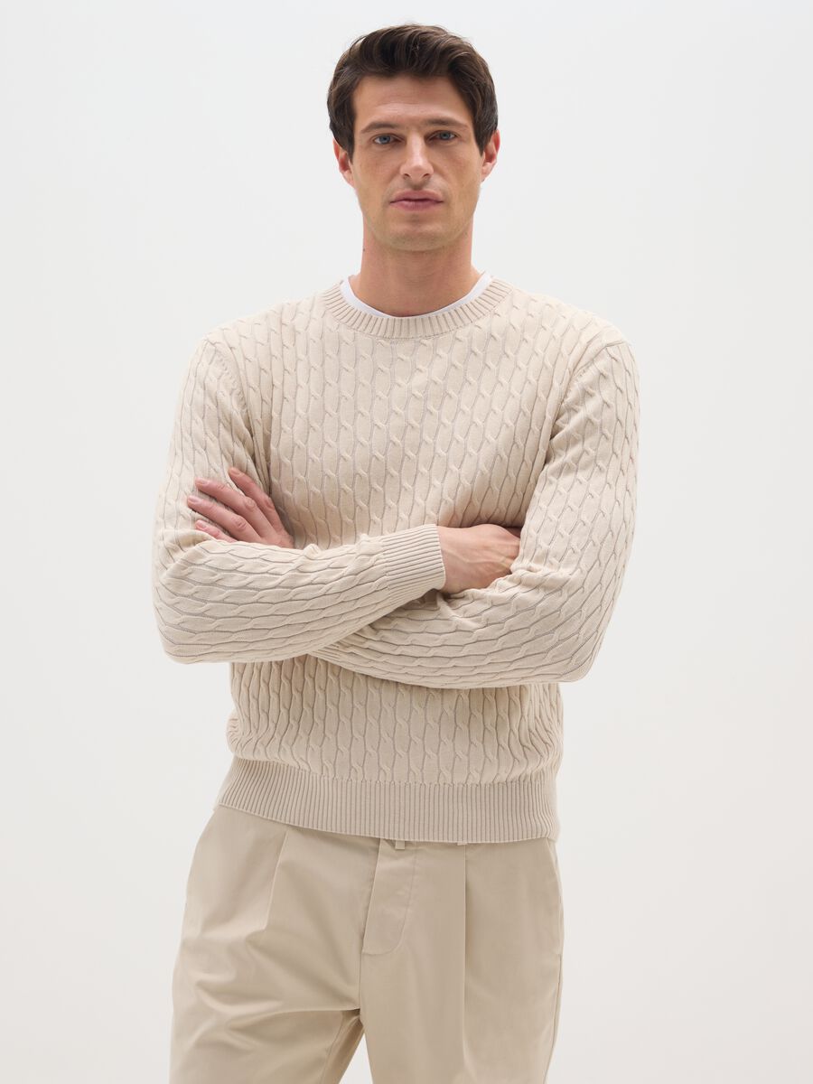 Beige cotton sweater with jacquard pattern_0