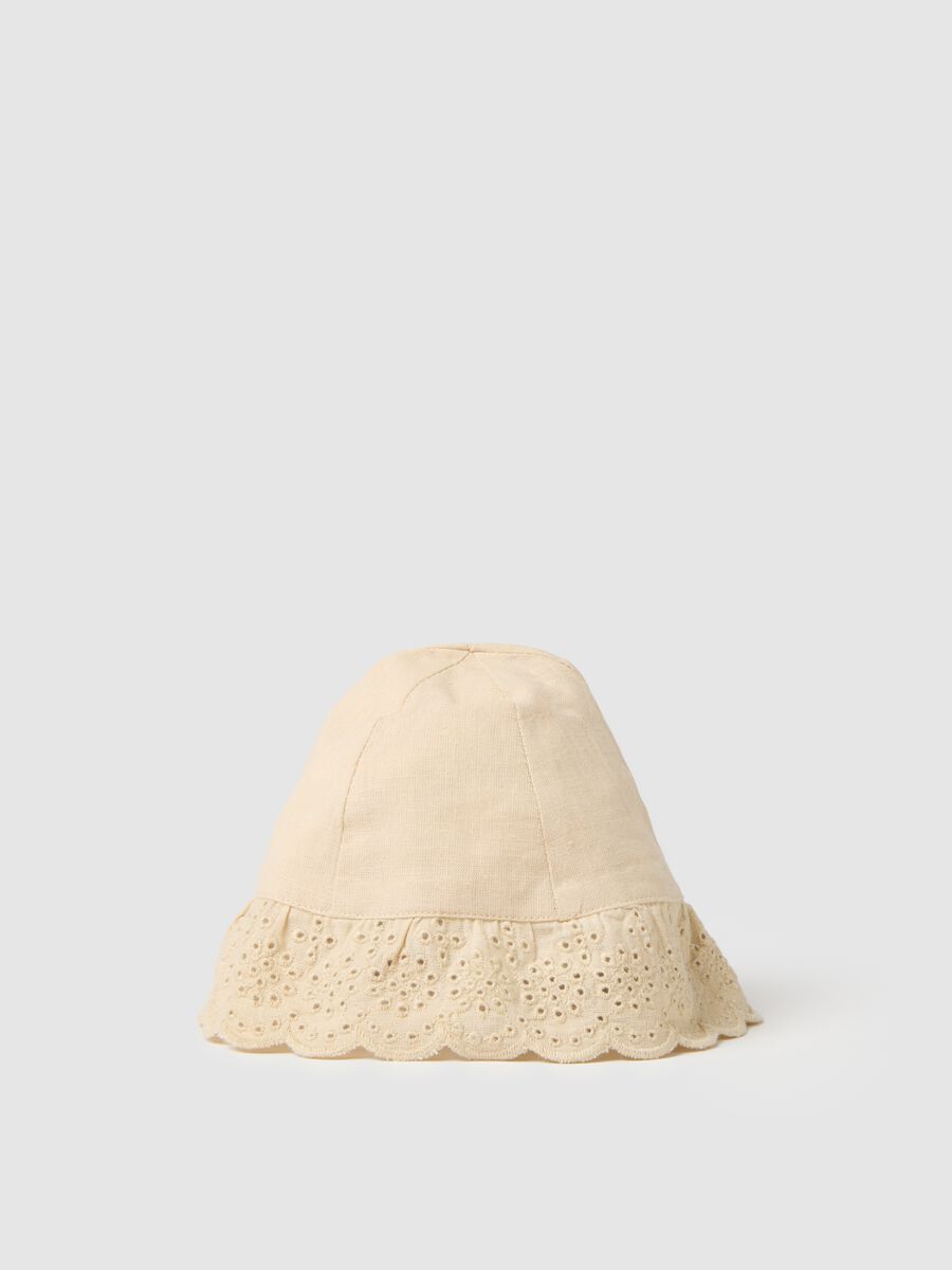 Baby girl's beige cotton and linen bucket hat with embroidery_0