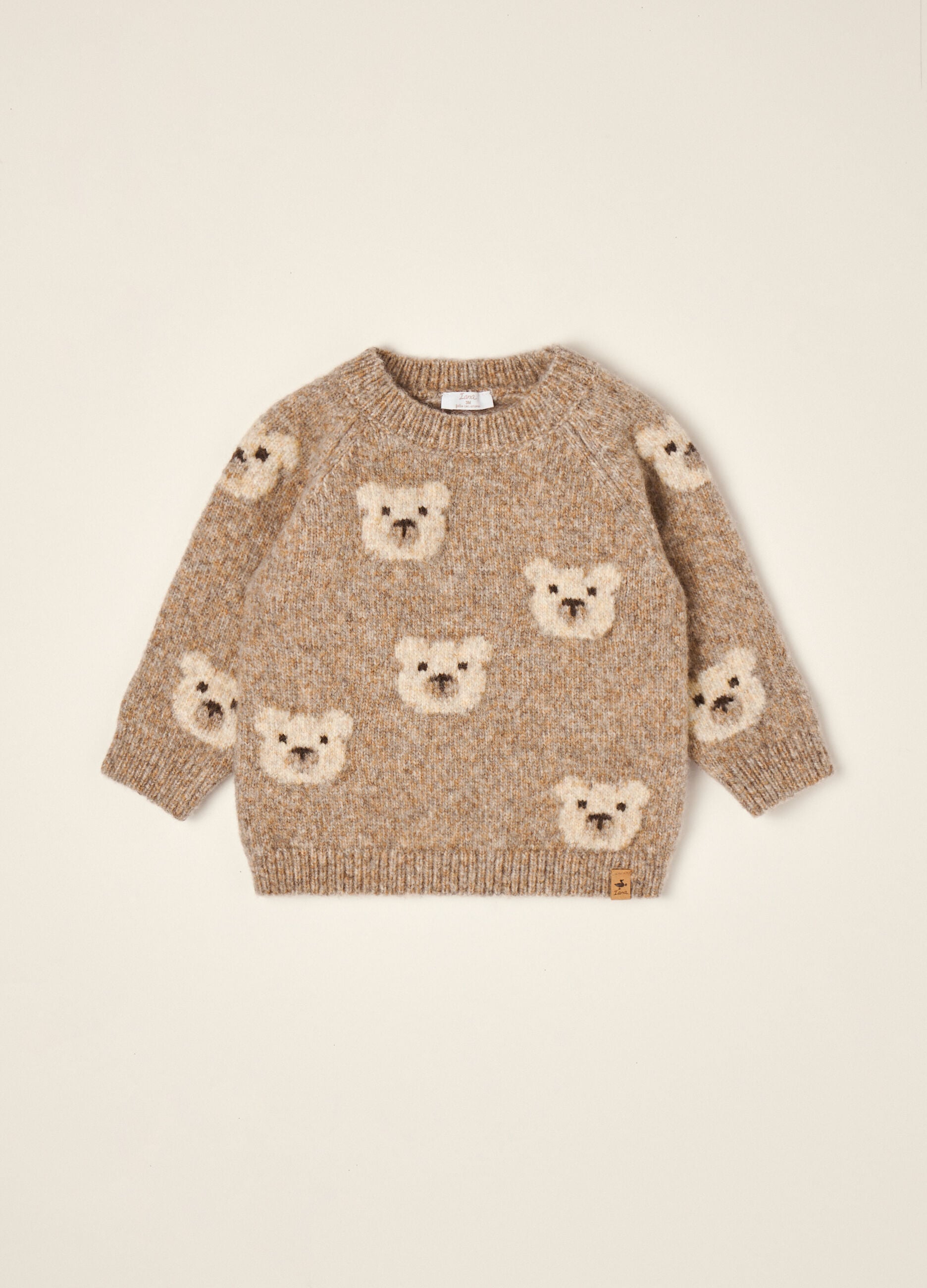 Beige wool-blend crew-neck jumper with teddy bear motif