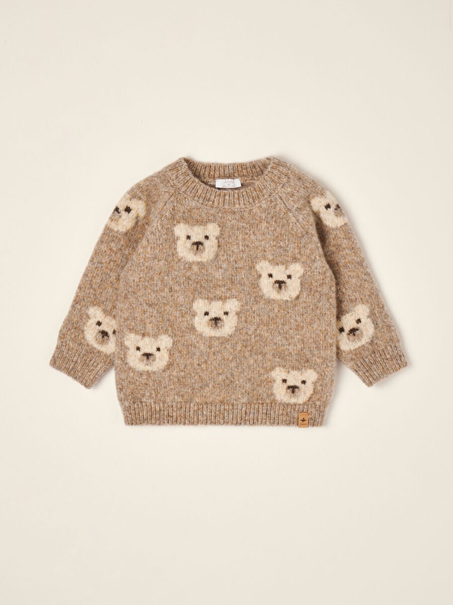 Maglione beige in misto lana con girocollo a orsetti_0