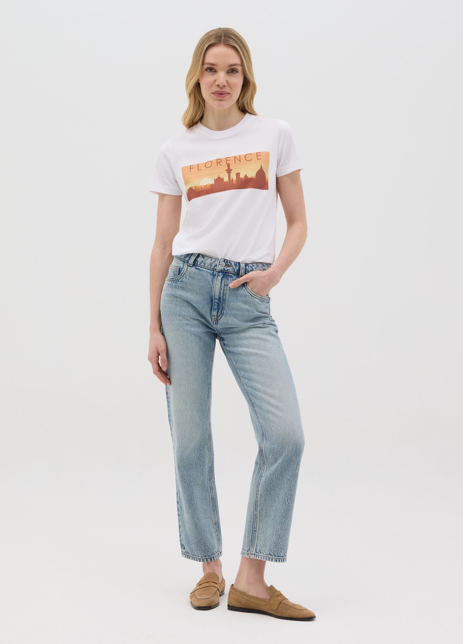 White T-shirt with Florence Ovs print