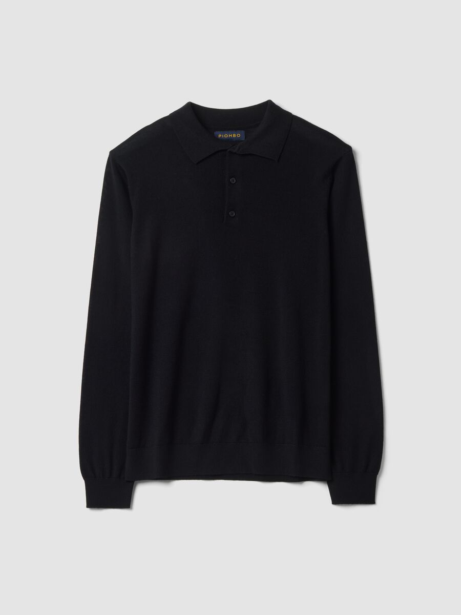 Maglia polo nera in pura lana merino con colletto polo_0