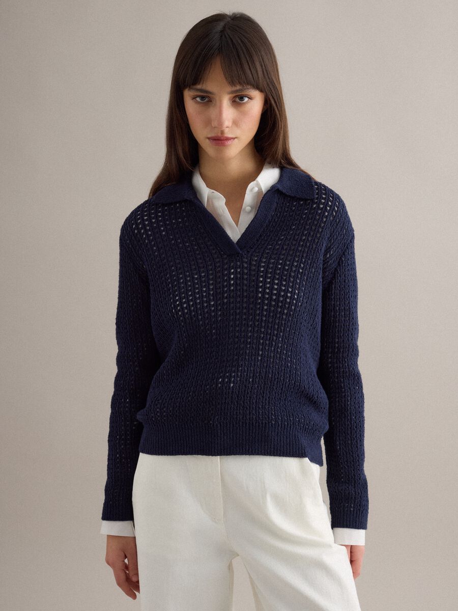 Blue cotton blend regular fit jumper with mesh pattern and polo collar_1