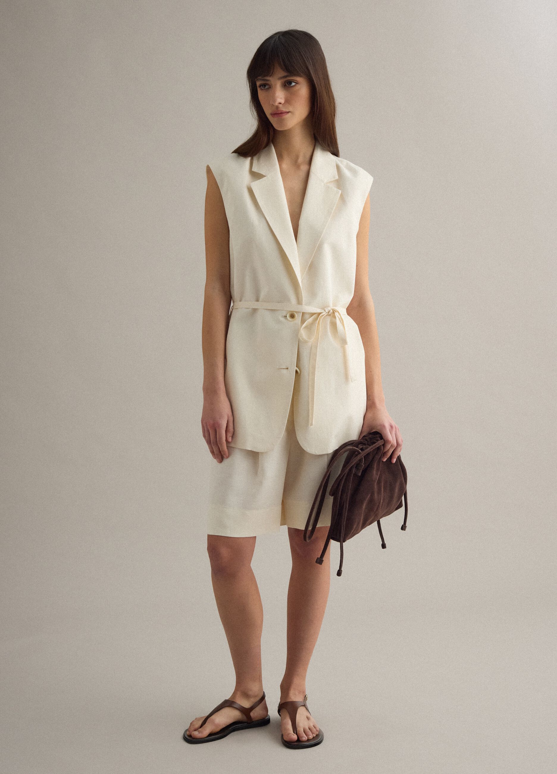 White regular-fit lyocell-linen blend waistcoat with belt