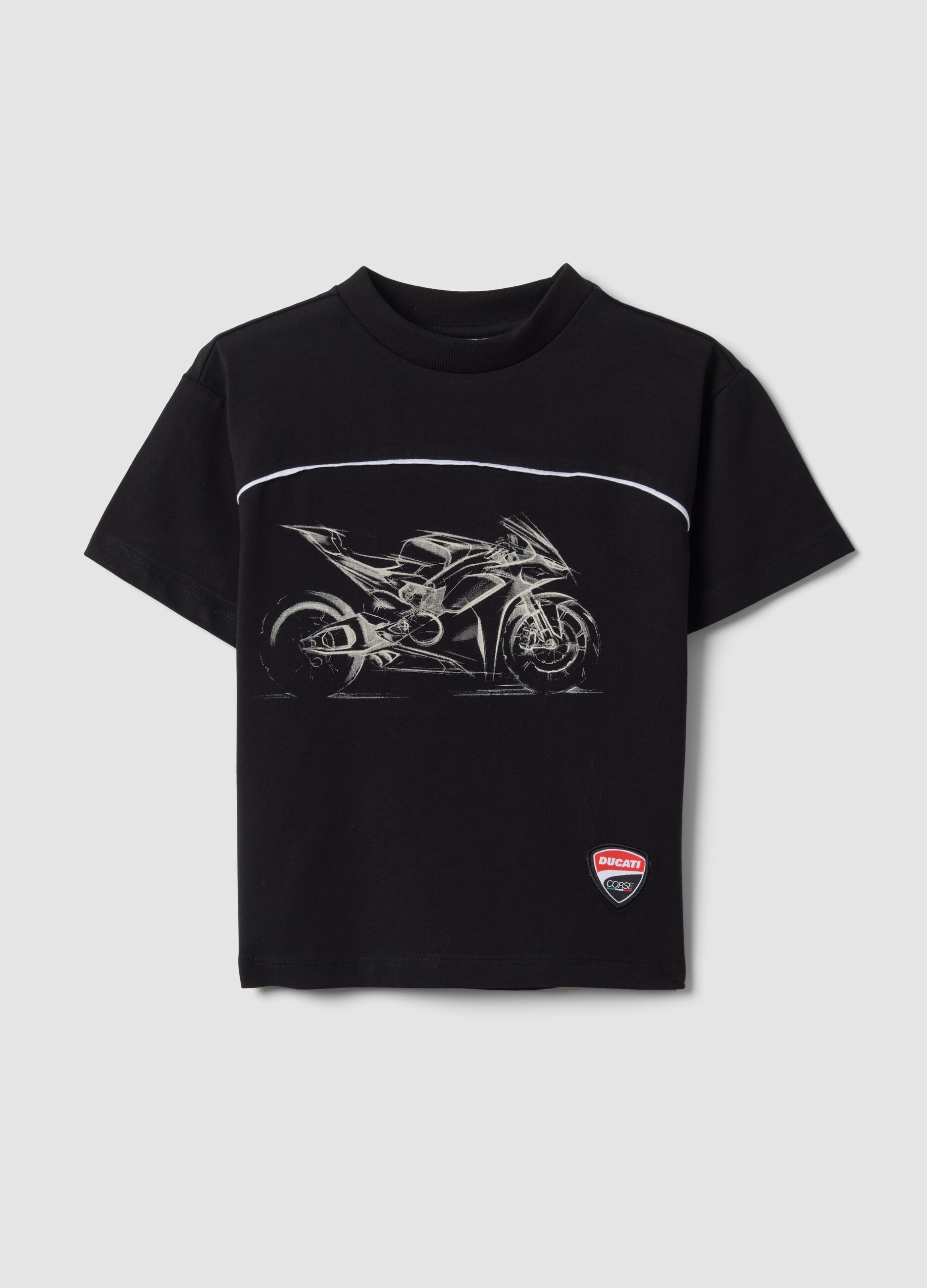 Black short-sleeved stretch-cotton T-shirt with motorbike print