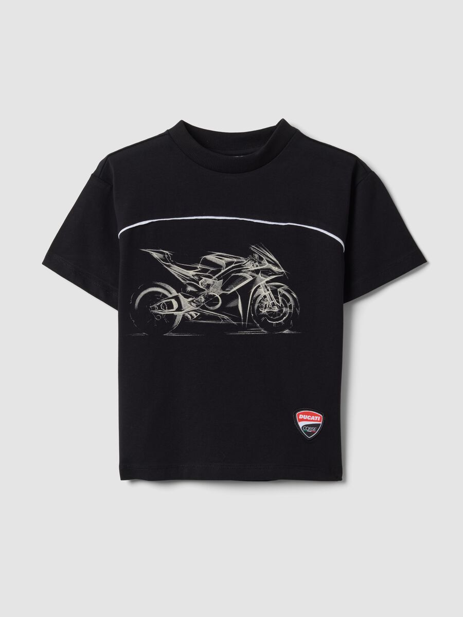 Black short-sleeved stretch-cotton T-shirt with motorbike print_0