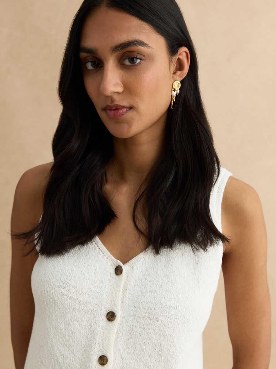 White cotton blend regular fit tank top with buttons_0