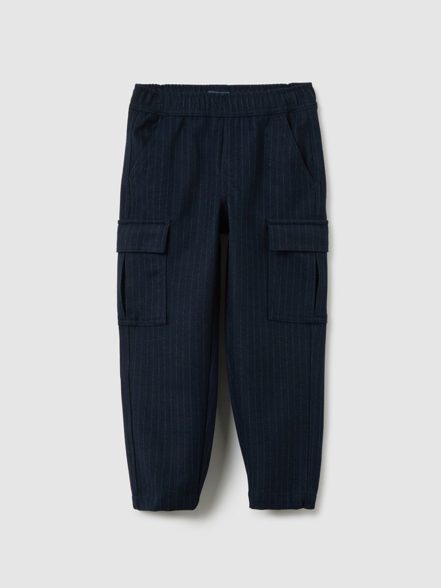 Pantaloni cargo in tessuto blu gessato da bambino_0