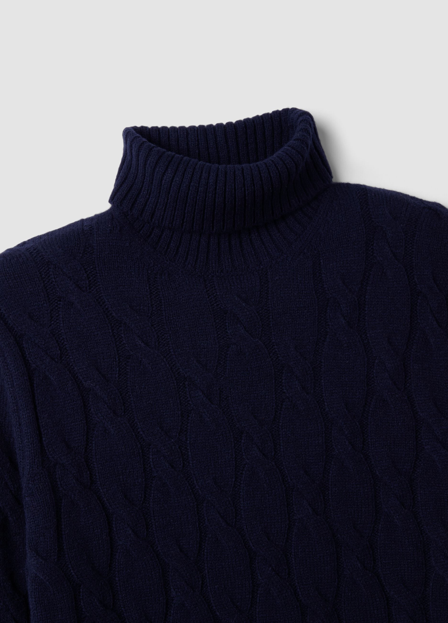 Navy blue cable-knit wool-blend regular-fit roll-neck jumper