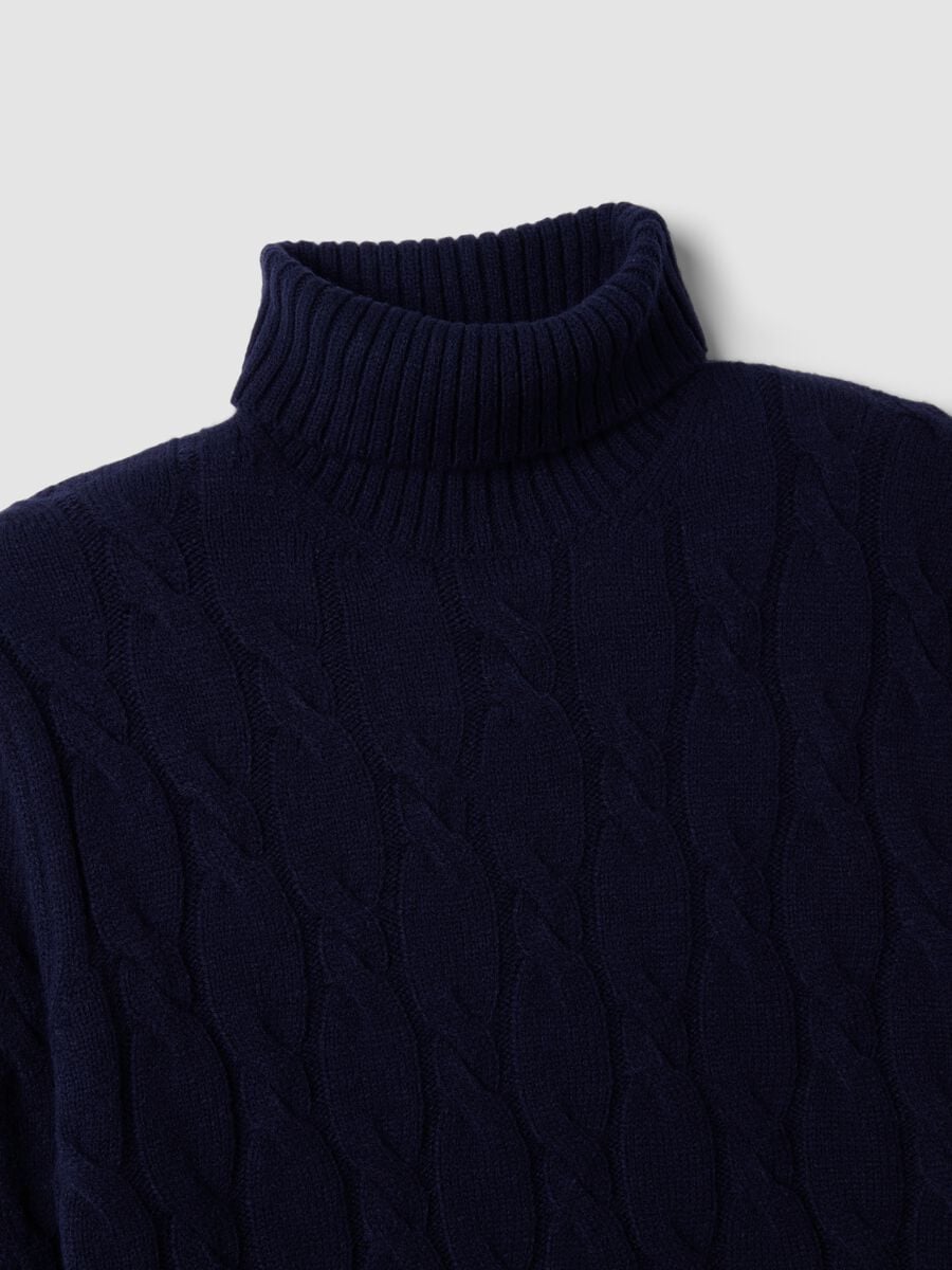 Maglia blu navy in misto lana a trecce con dolcevita regular fit_5