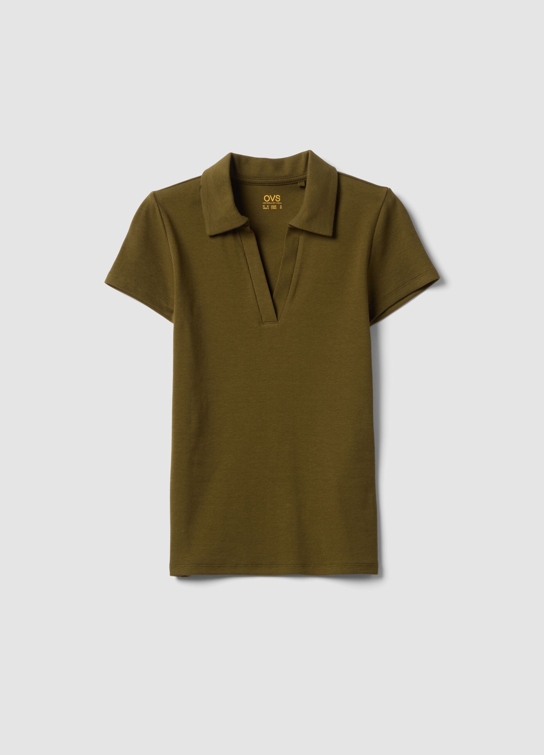 Green stretch cotton V-neck polo shirt with open neckline, regular fit