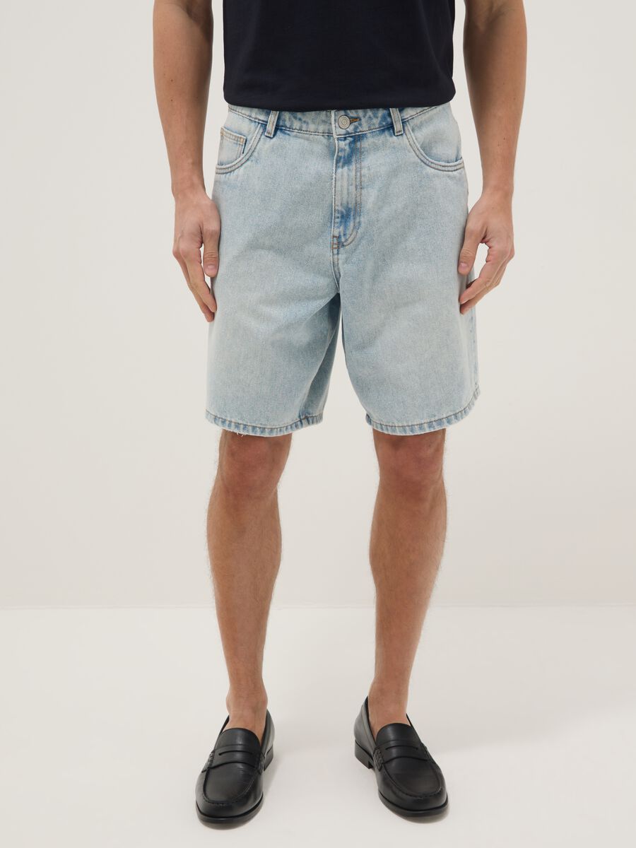 Light blue baggy-fit cotton-blend denim Bermuda shorts_1