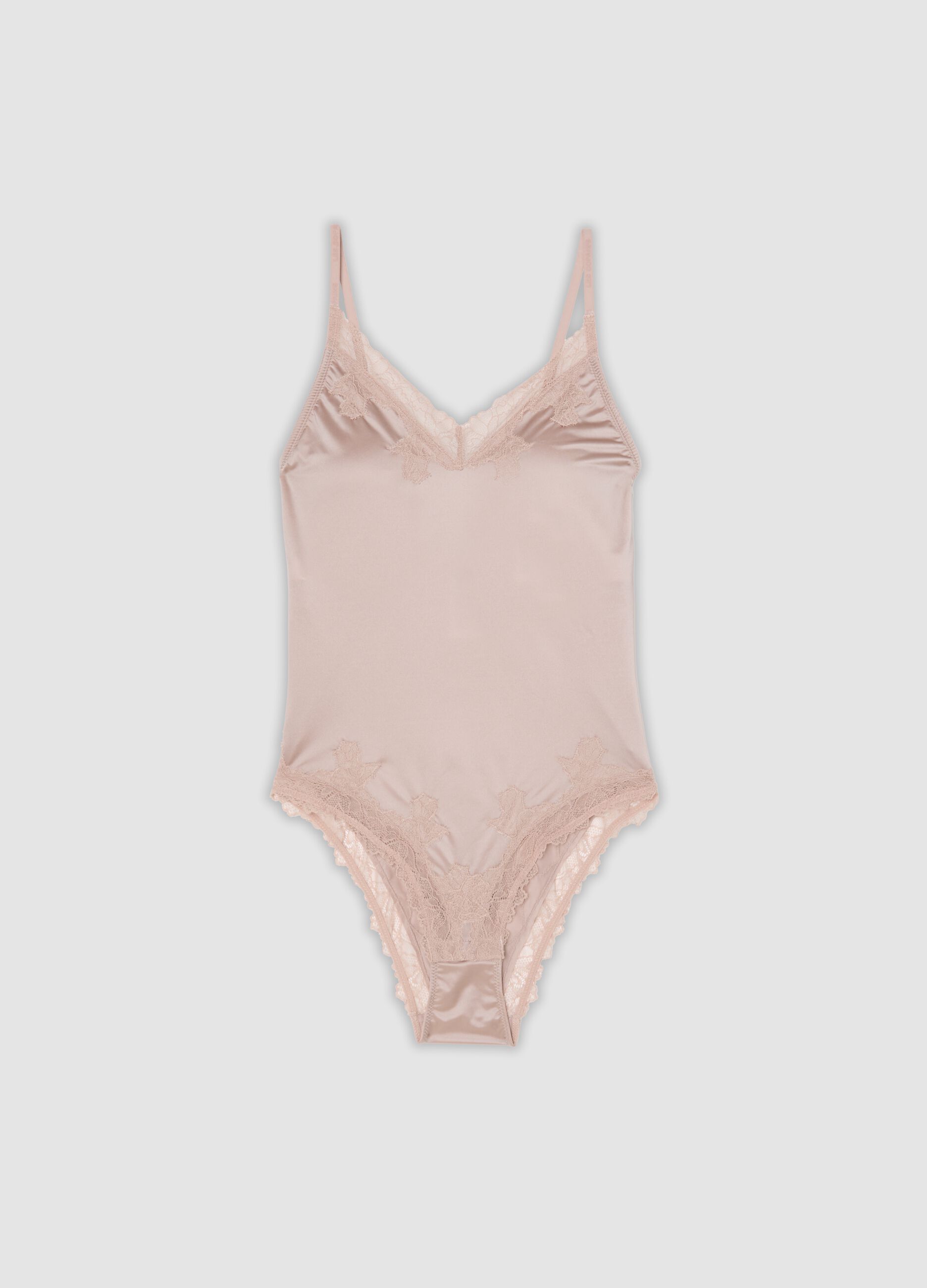 Pink stretch microfibre bodysuit with lace trim