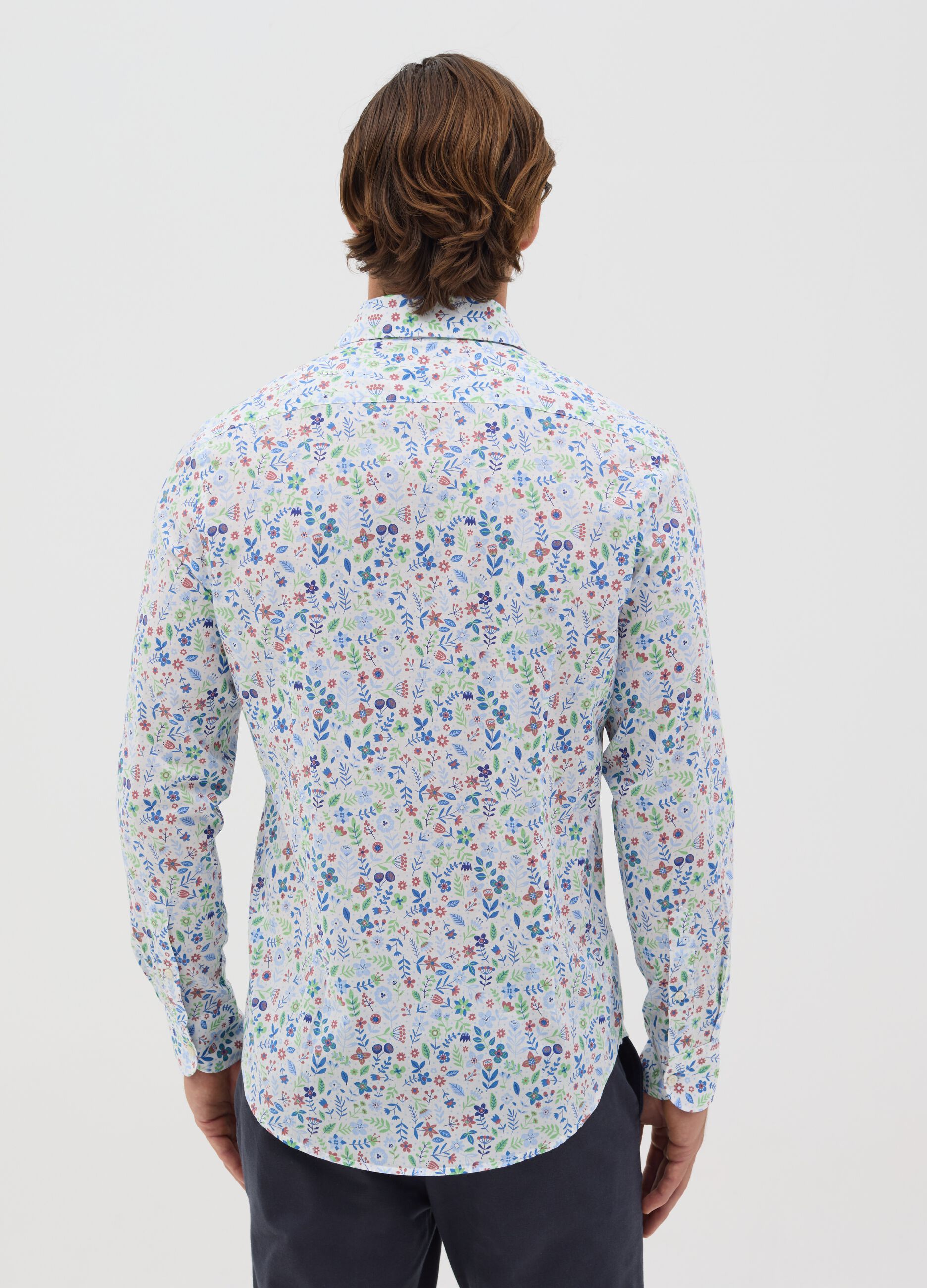 Slim Shirt with Multicolored Floral Pattern in Cotton