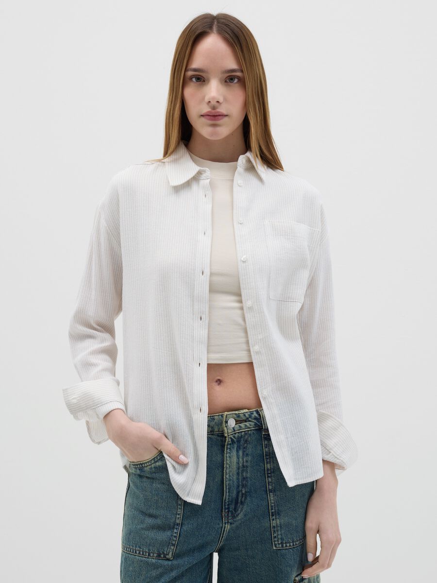 Striped beige shirt in cotton and linen_0