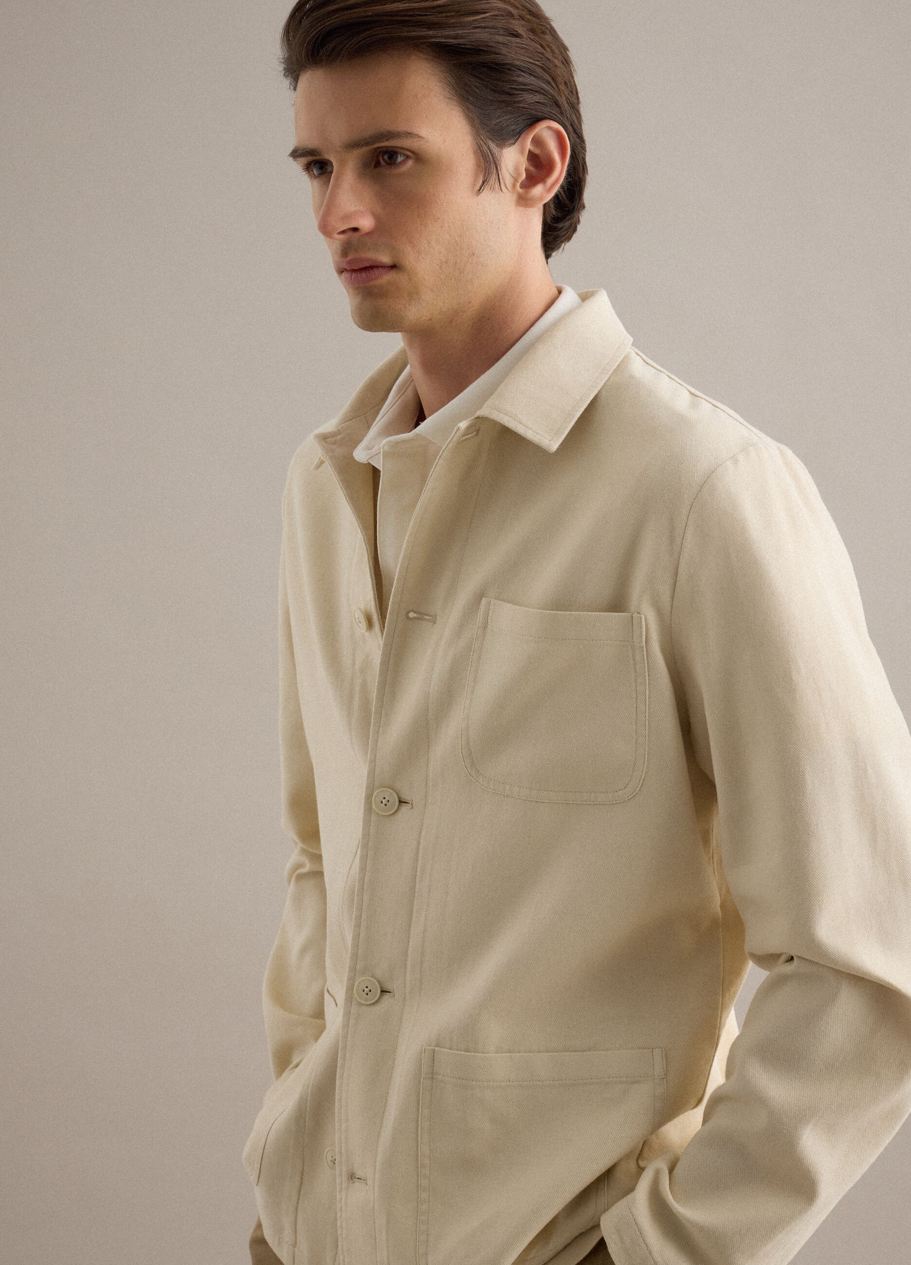 White regular fit linen-cotton blend jacket