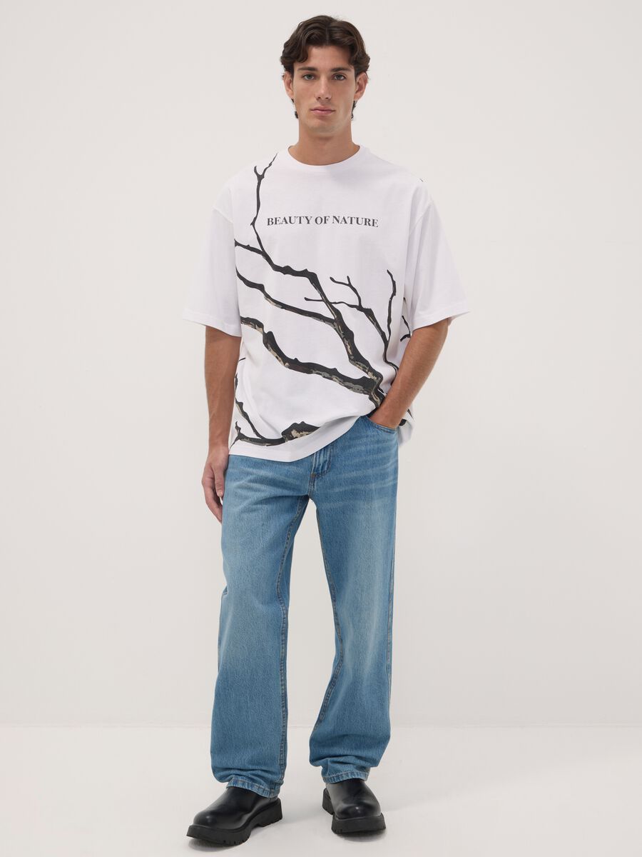White pure cotton T-shirt with foliage print_1