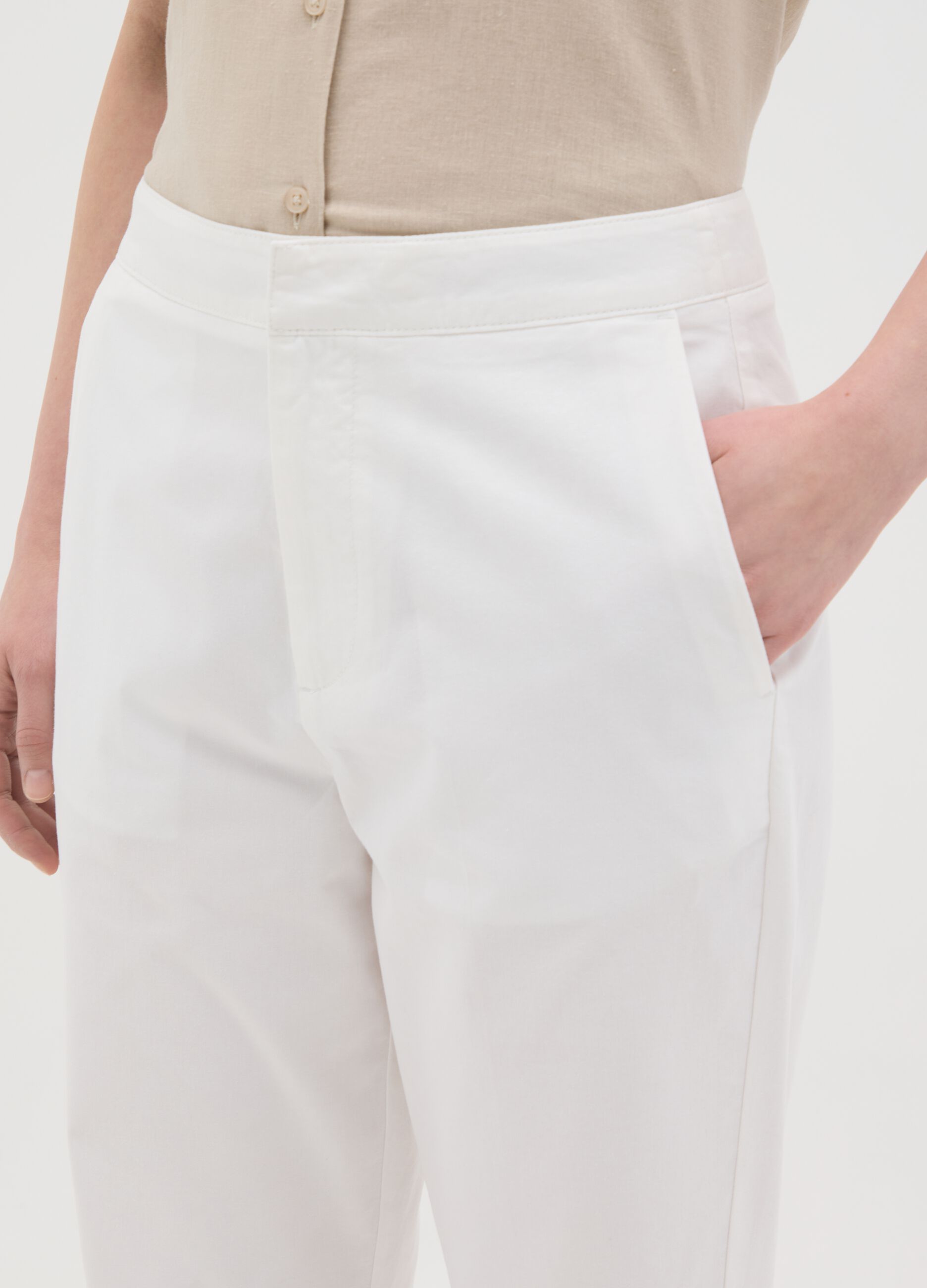 Women's pure white cotton trousers, regular fit with high waist