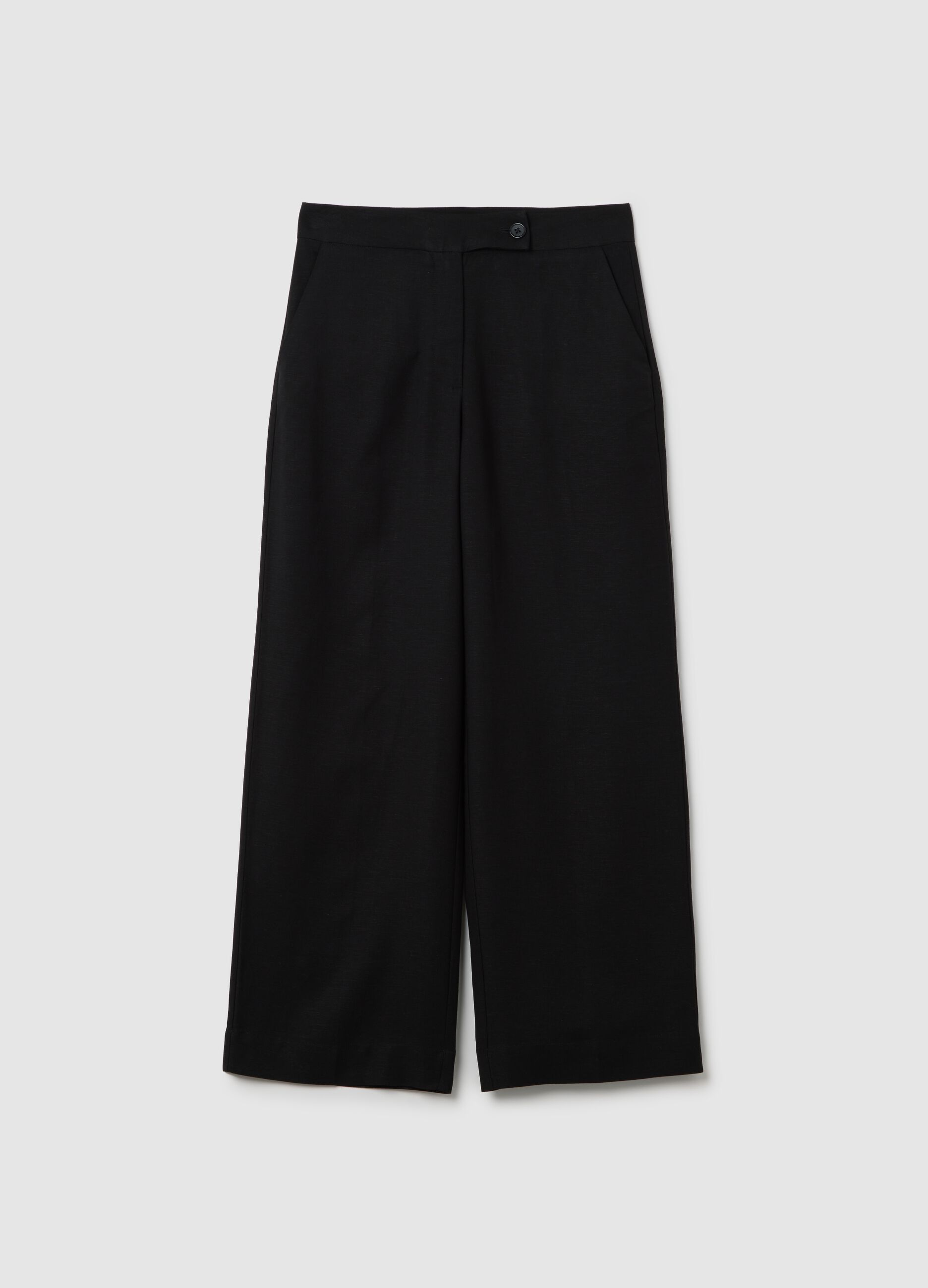 Women's black regular-fit trousers in viscose and linen blend