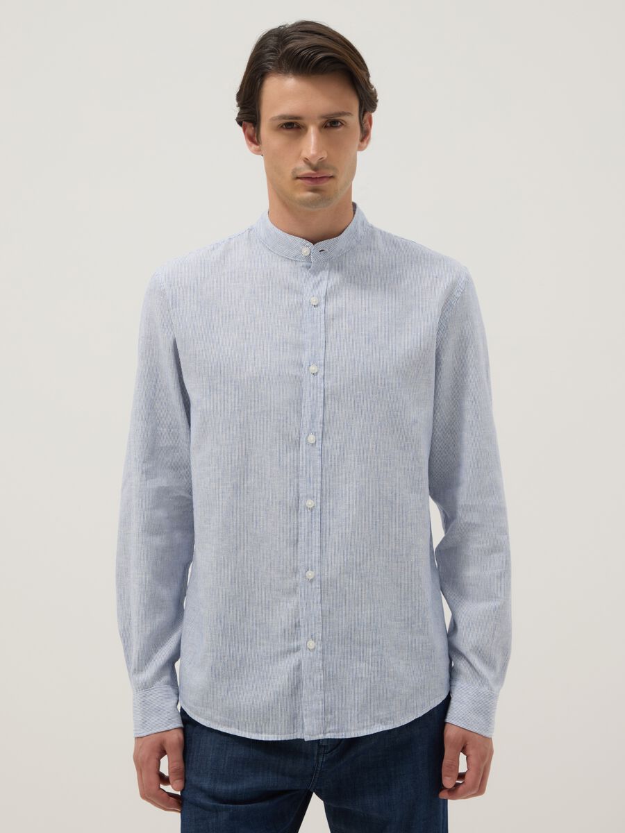 Multicoloured striped shirt with band collar in linen and cotton blend, regular fit_0