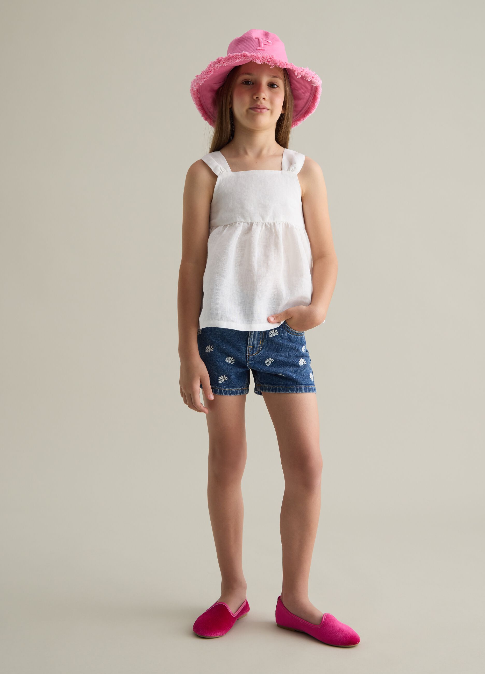 Blue Denim Shorts with Floral Embroidery Piombo Kids