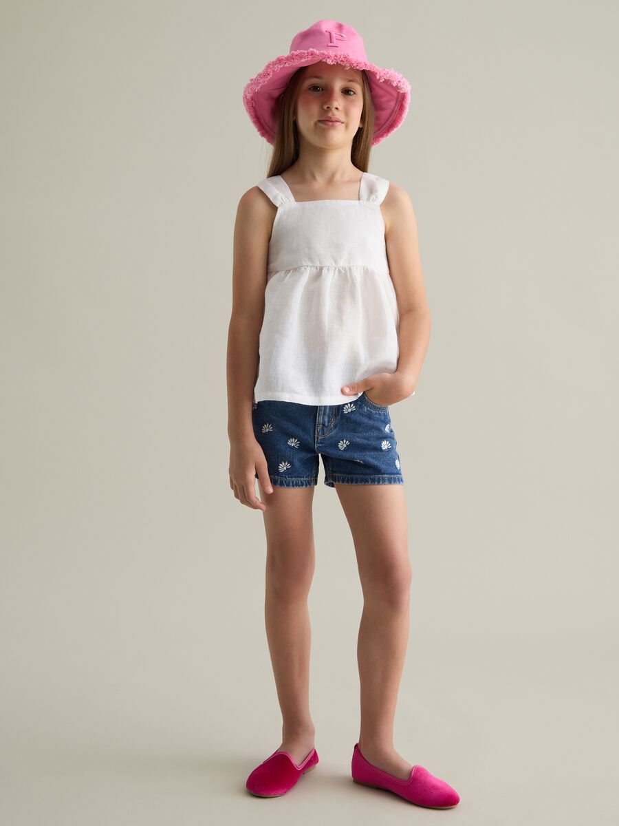 Blue Denim Shorts with Floral Embroidery Piombo Kids_1