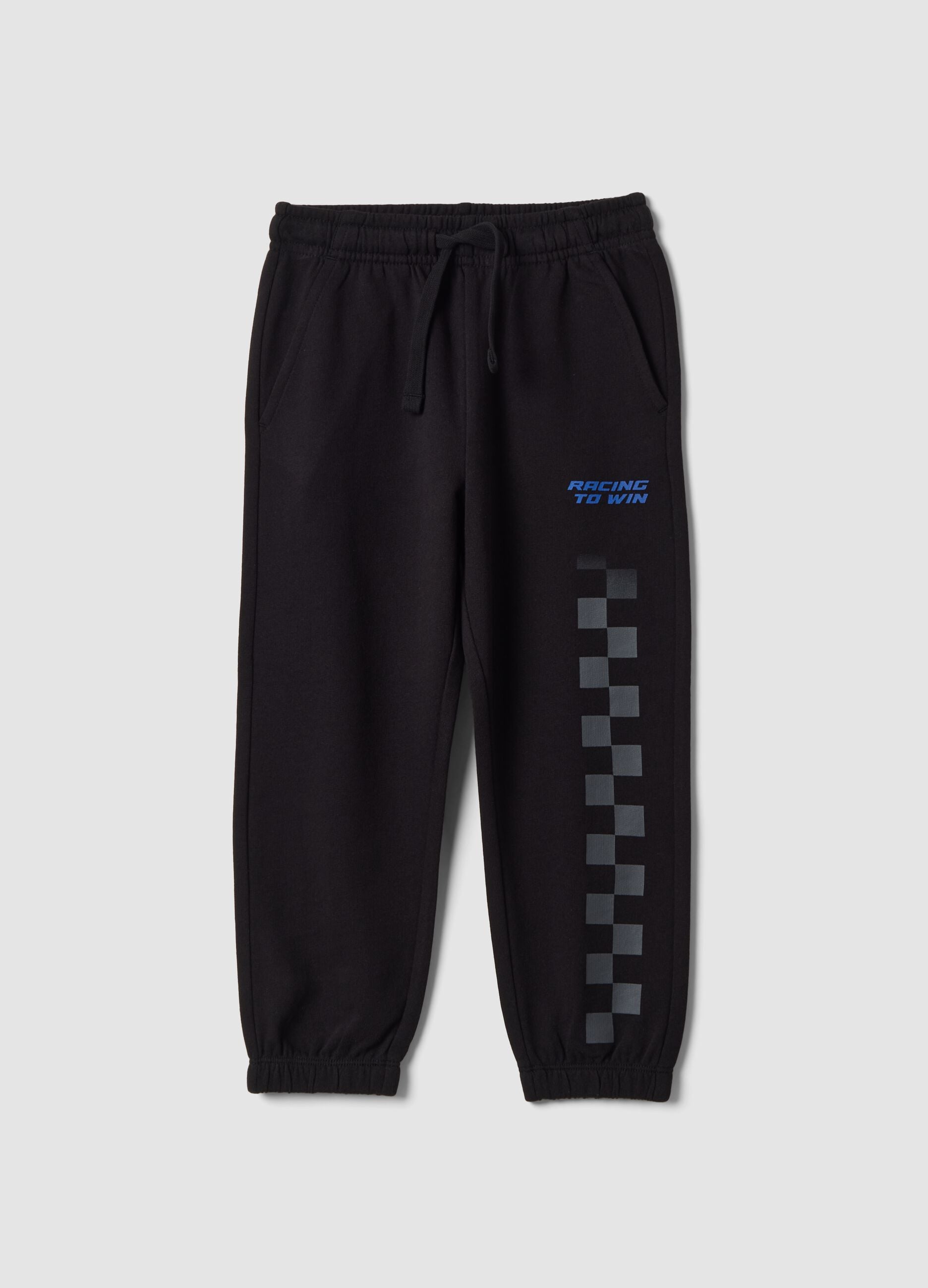 Pantaloni jogger neri in puro cotone con stampa a scacchi