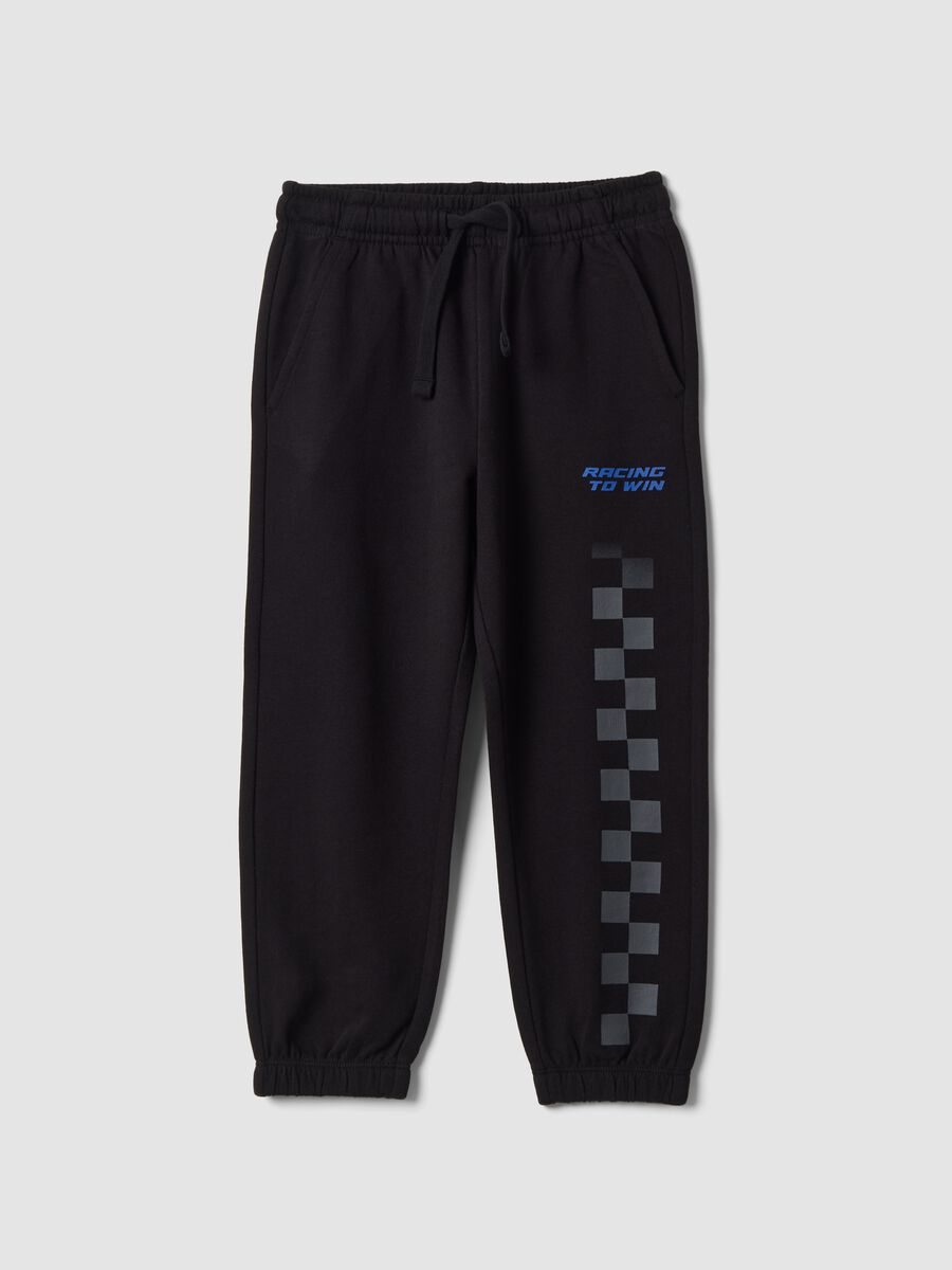 Pantaloni jogger neri in puro cotone con stampa a scacchi_0