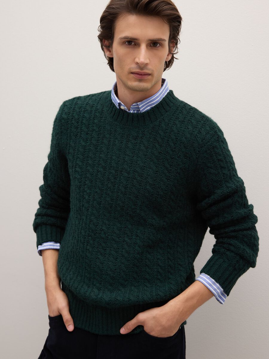 Green Crew Neck Sweater with Regular Fit Jacquard Pattern_0