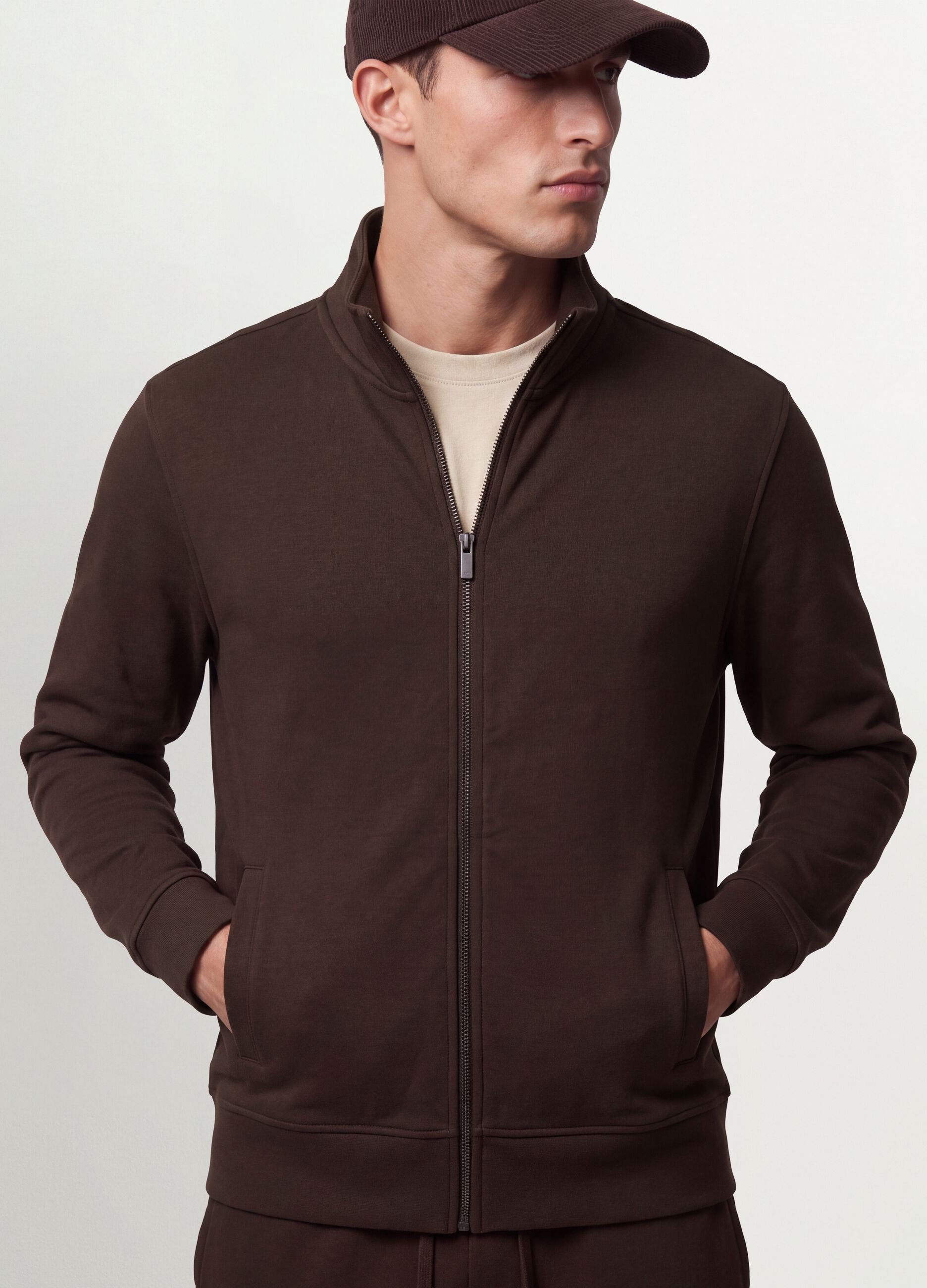 Brown cotton-blend sweatshirt with crew neck and zip, regular fit