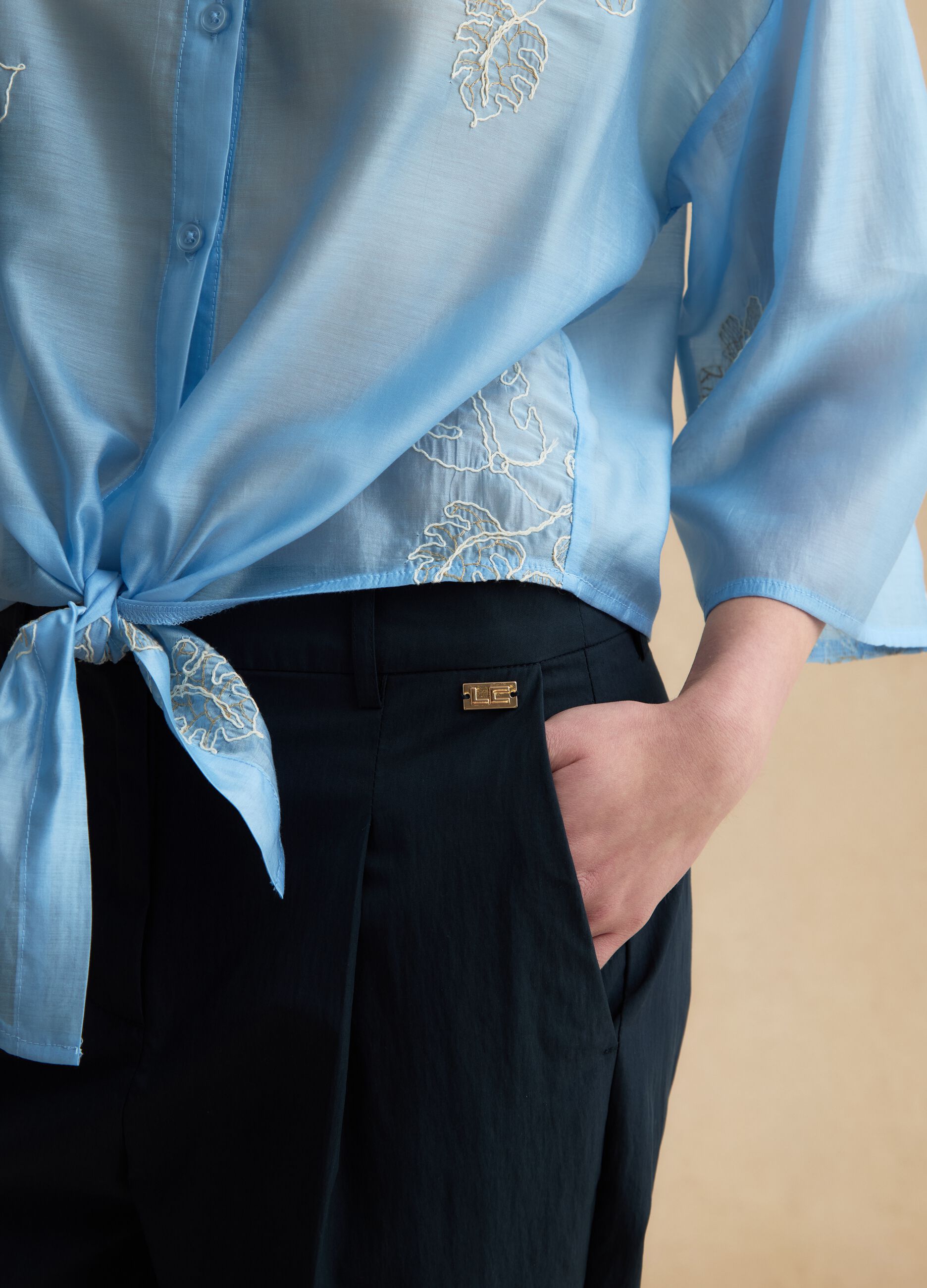 Blue cotton blend straight fit trousers