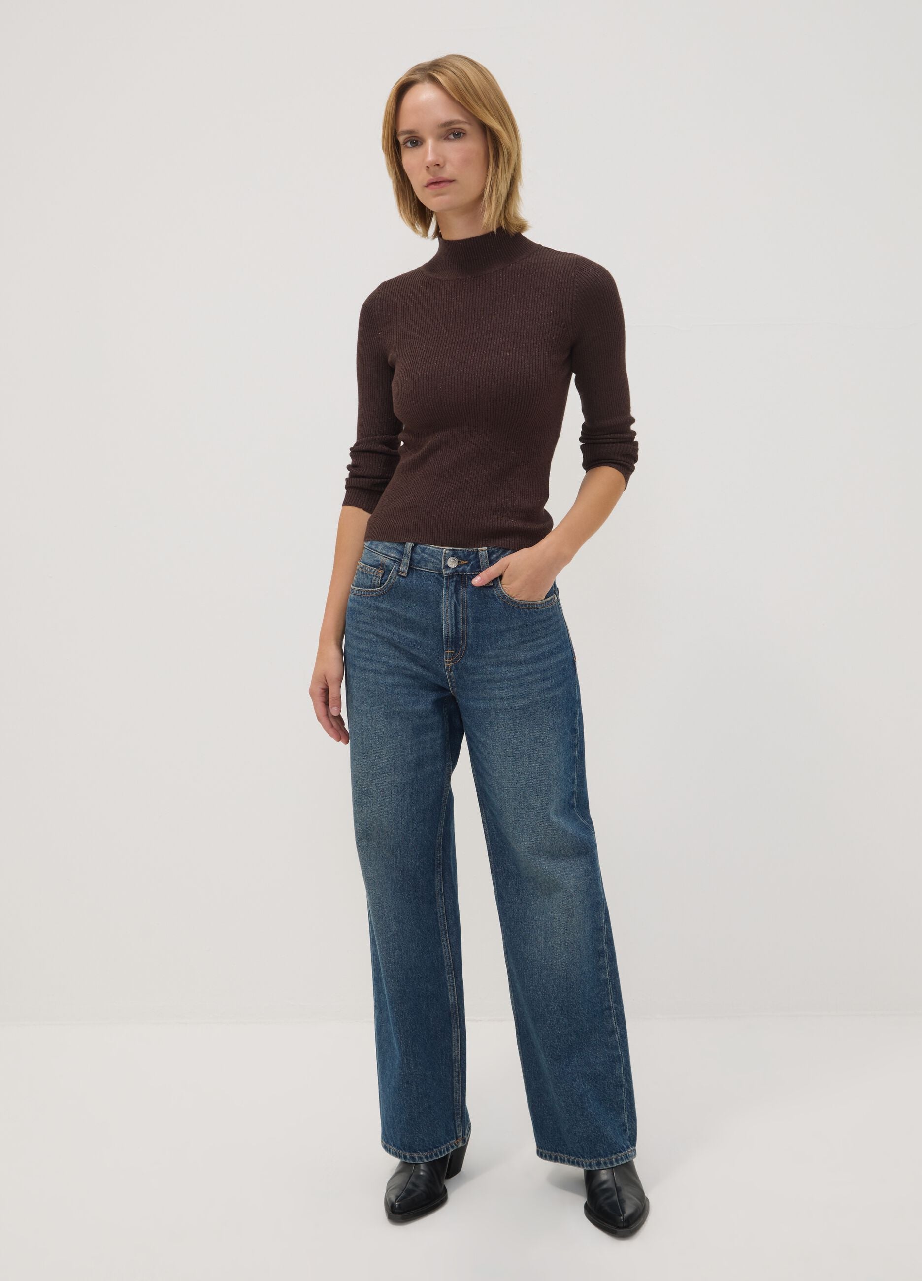 Brown ribbed viscose-blend top with high neck