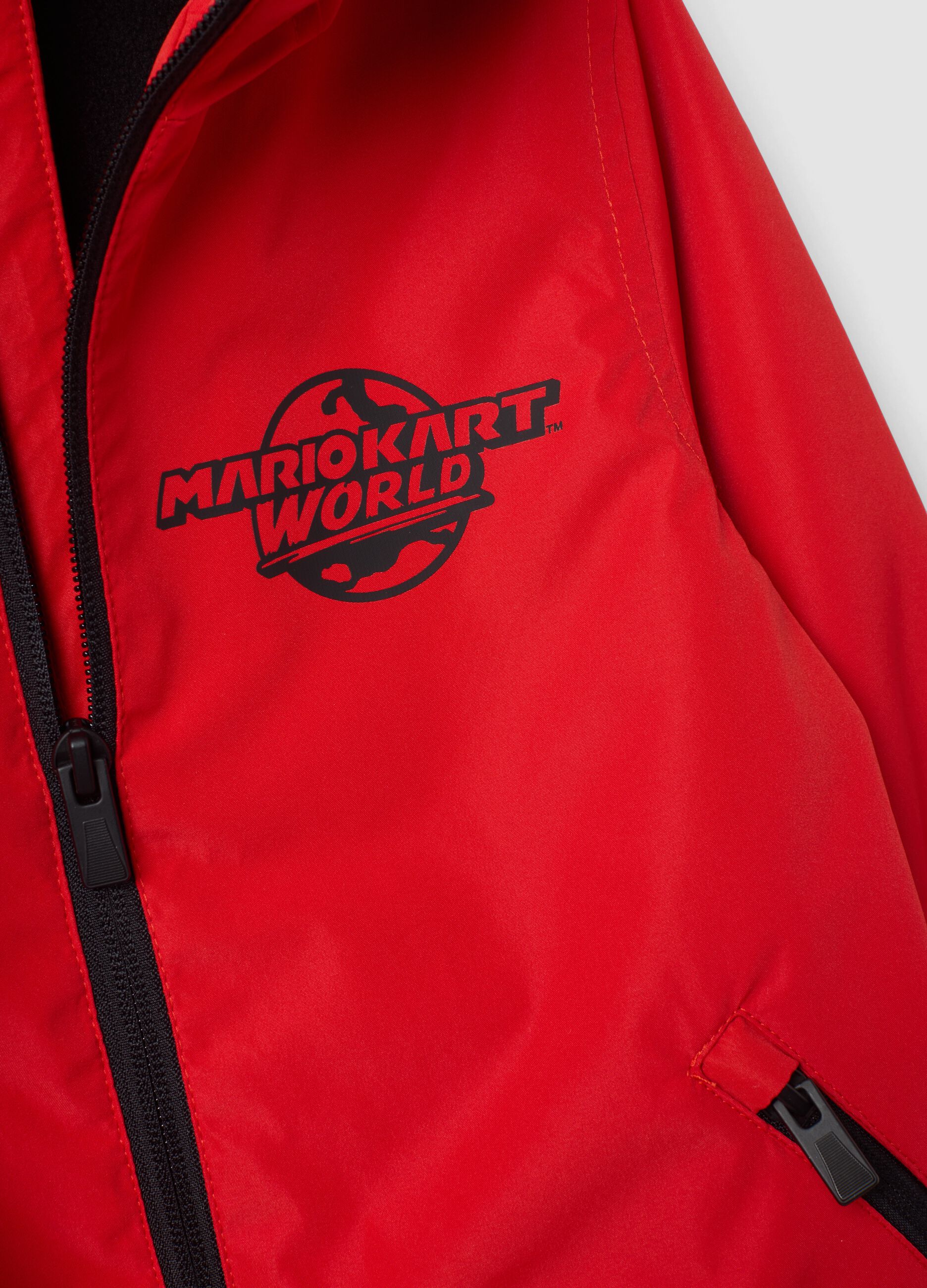 Red rain jacket with hood and zip, Mario Kart print