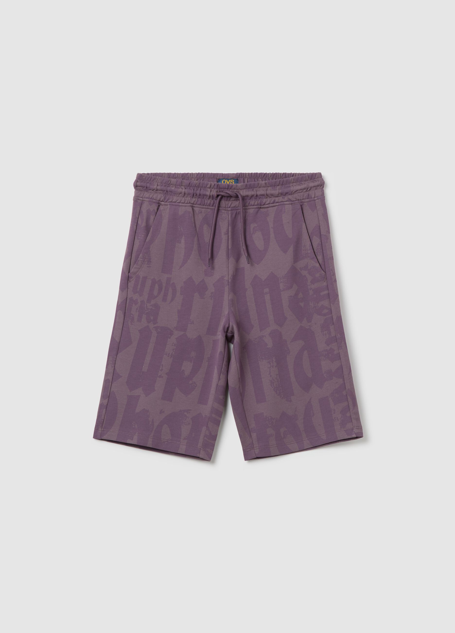 Purple French terry shorts with print