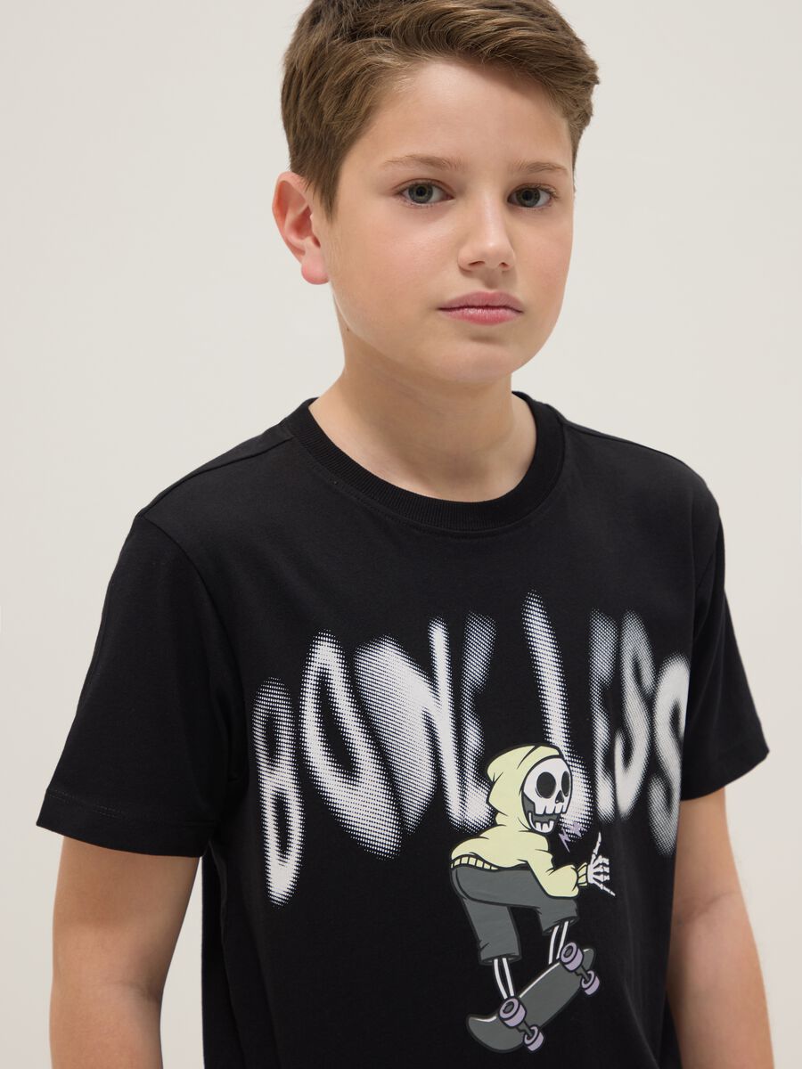 Boys' black pure cotton T-shirt regular fit with print_1