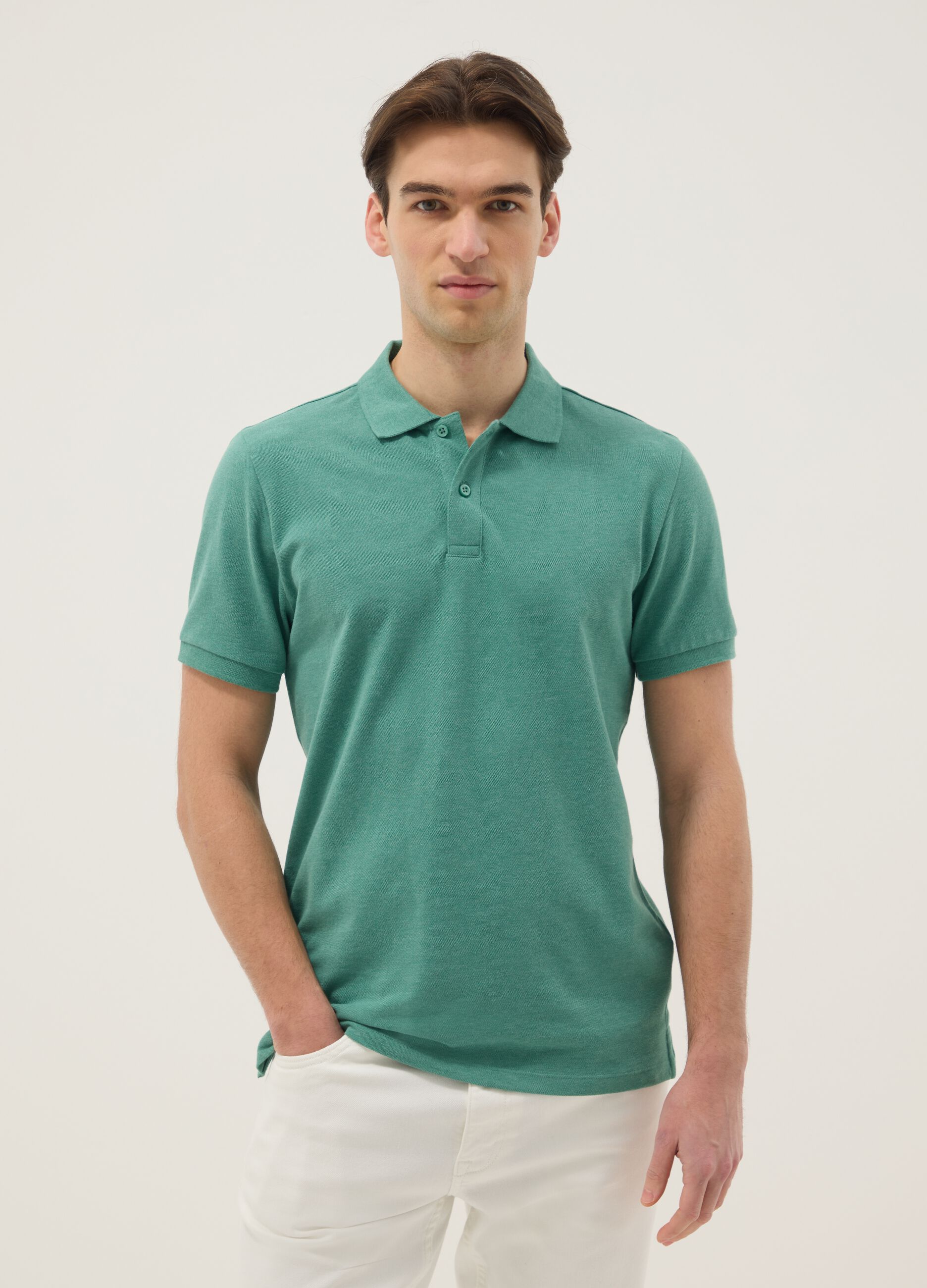 Green pure cotton short-sleeve polo shirt, regular fit