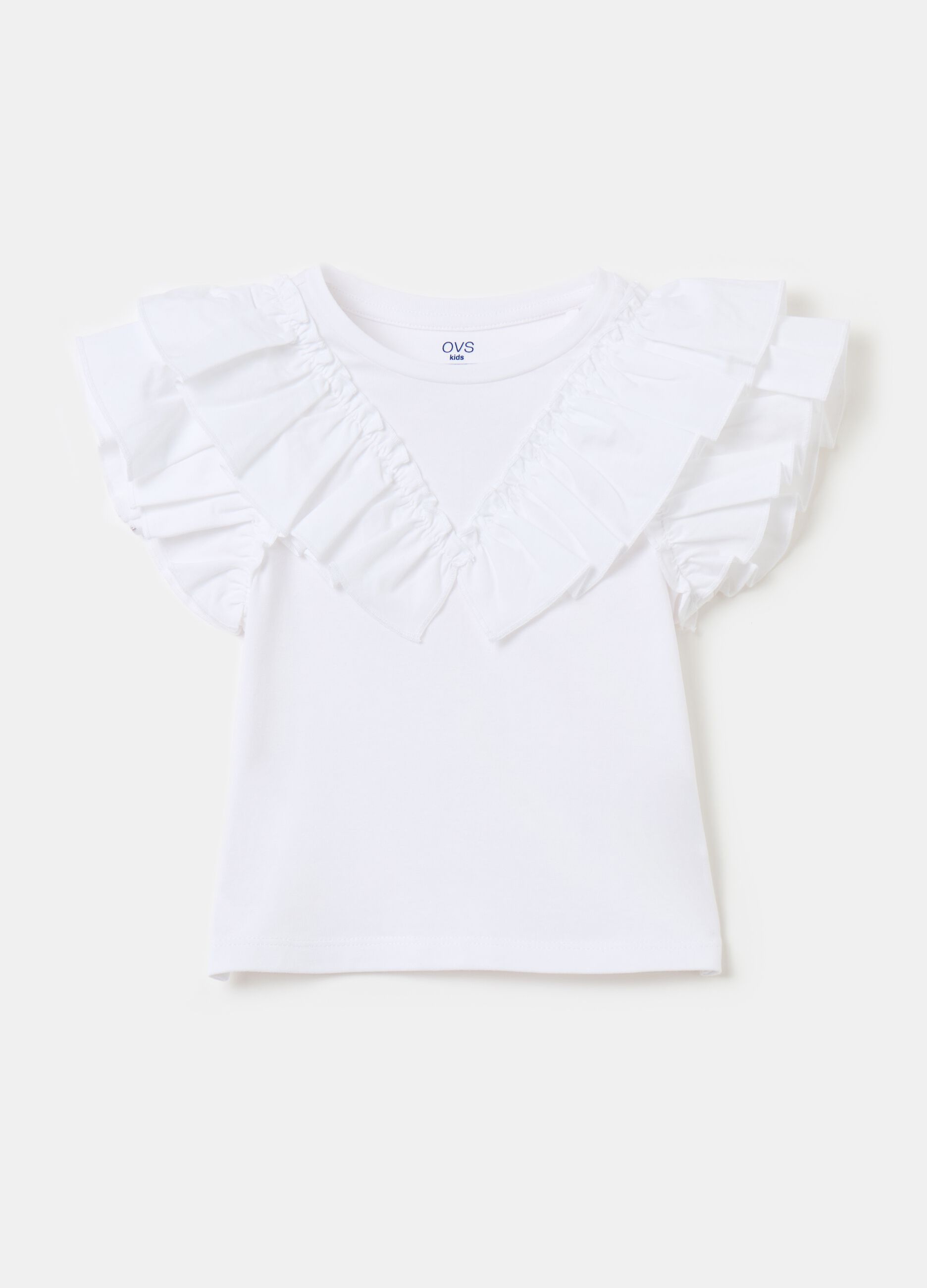 Stretch cotton T-shirt with ruffles
