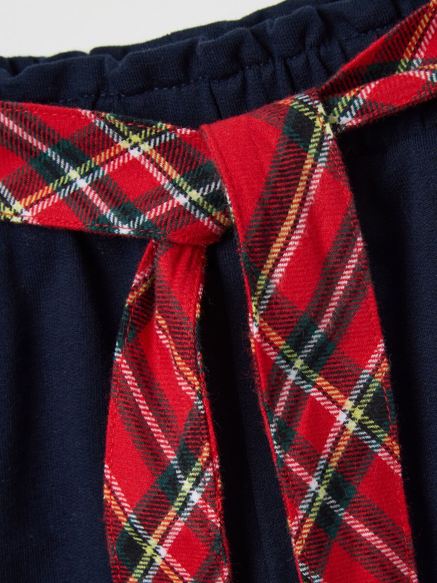 Girls' blue cotton trousers regular fit with tartan bow_2