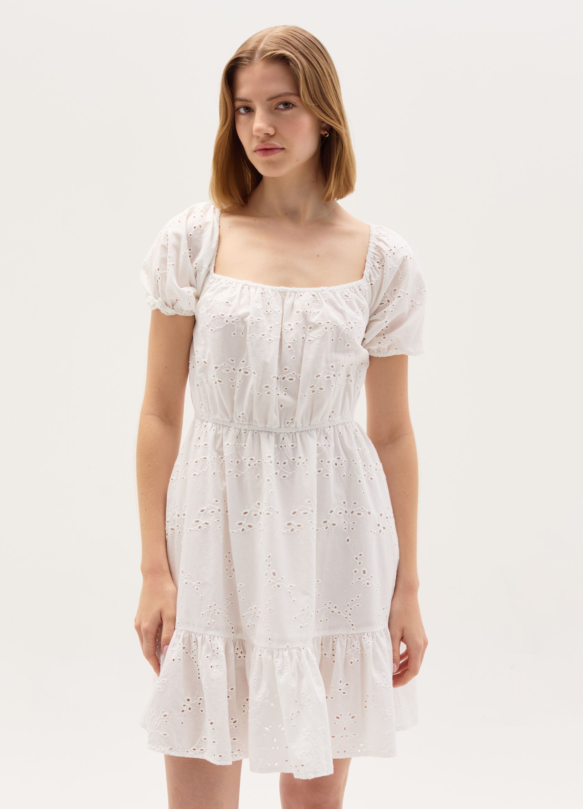 short tiered dress in broderie anglaise