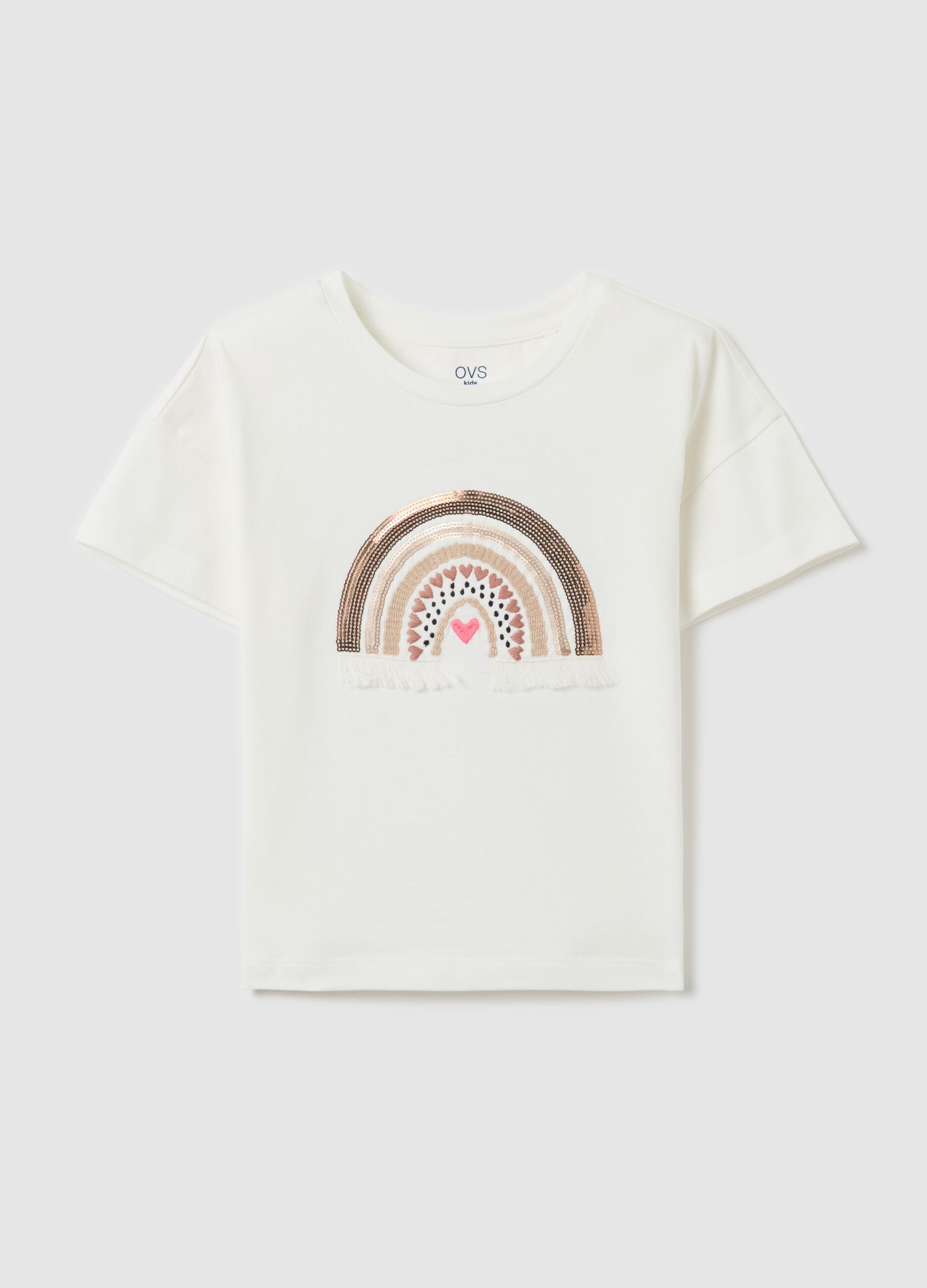 Cotton T-shirt with rainbow embroidery and sequins