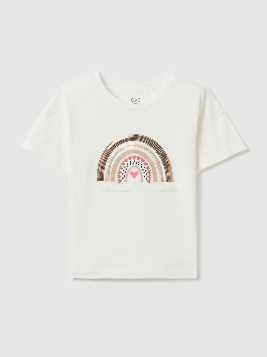 Cotton T-shirt with rainbow embroidery and sequins_0