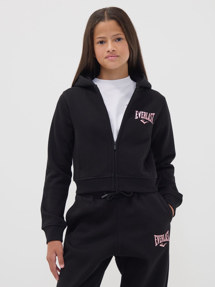 Black cotton-blend hooded zip hoodie for girls, regular fit_0