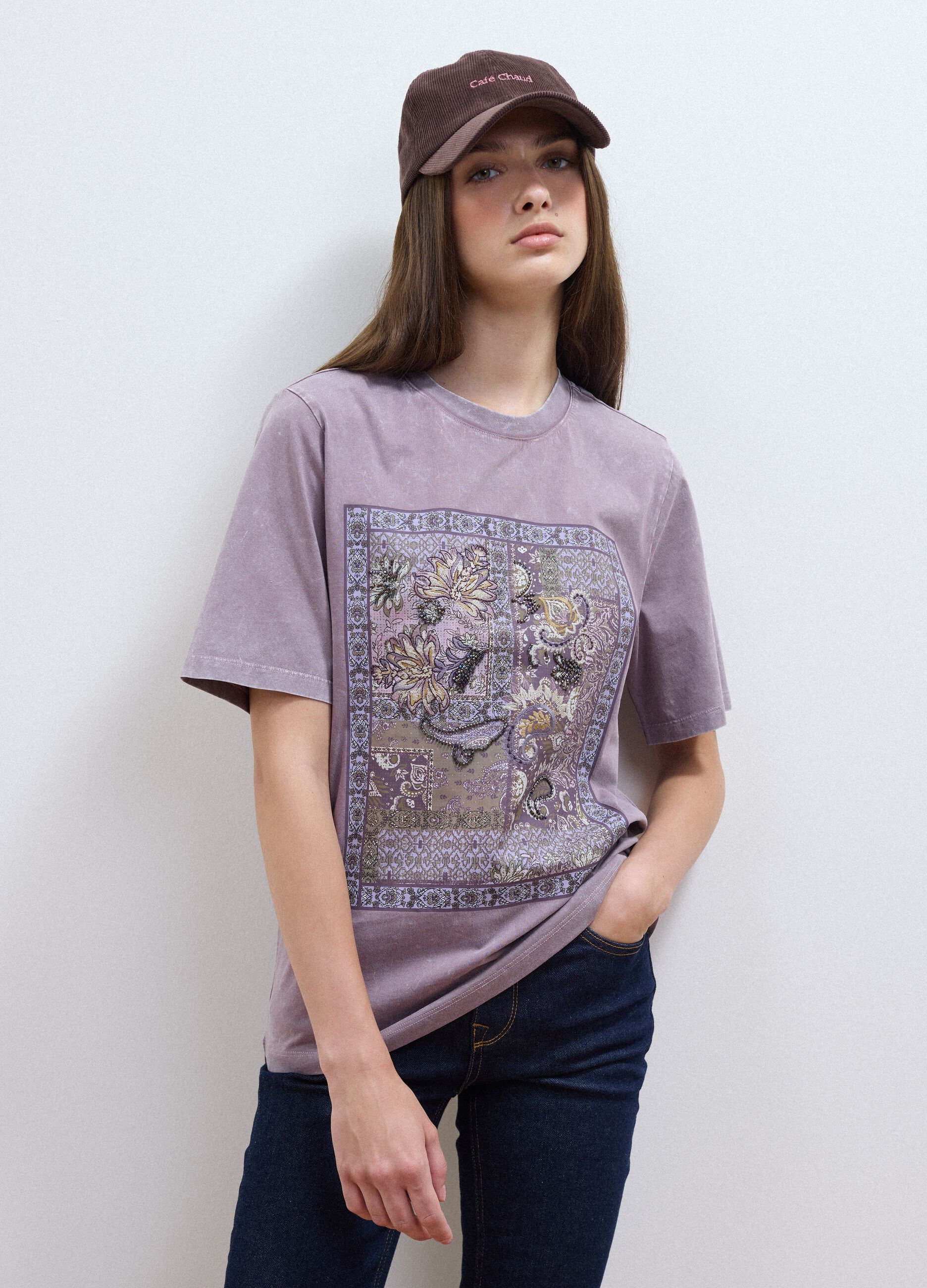 Purple pure cotton T-shirt with floral print, relaxed fit